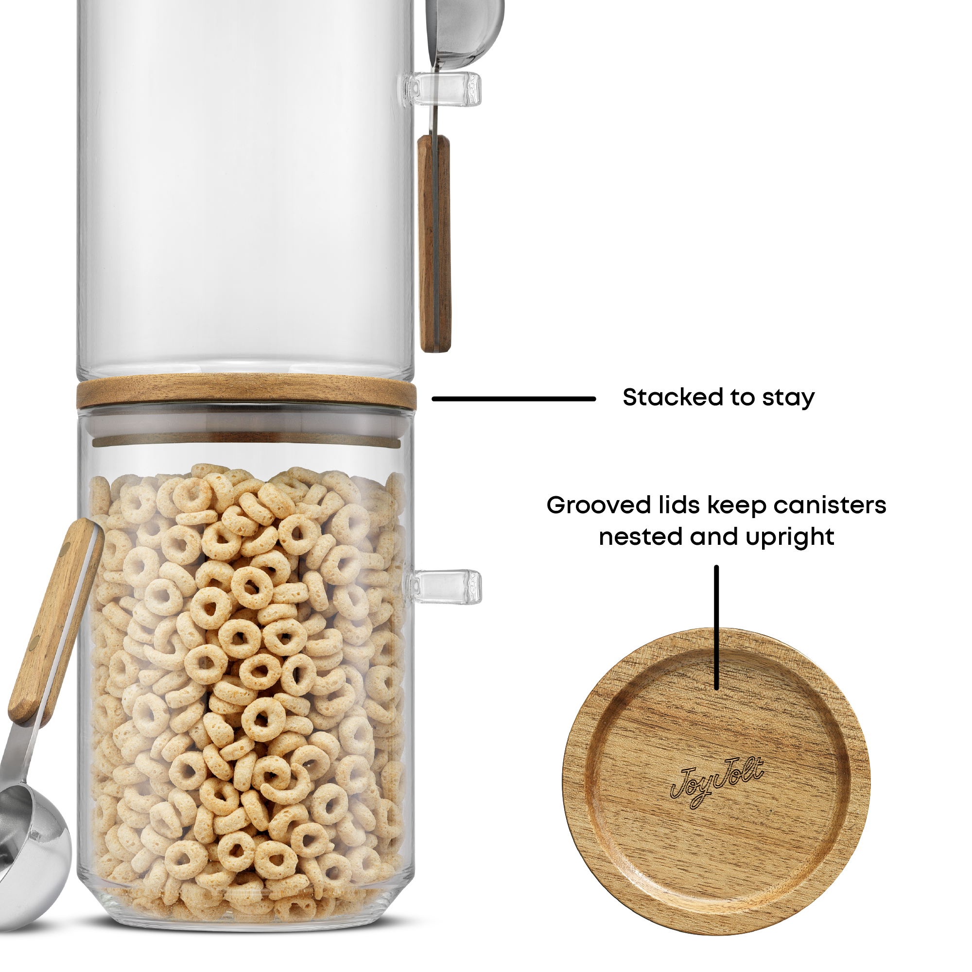 Glass canister with wooden lid filled with cereal, showing features like stacked lids and grooved design.