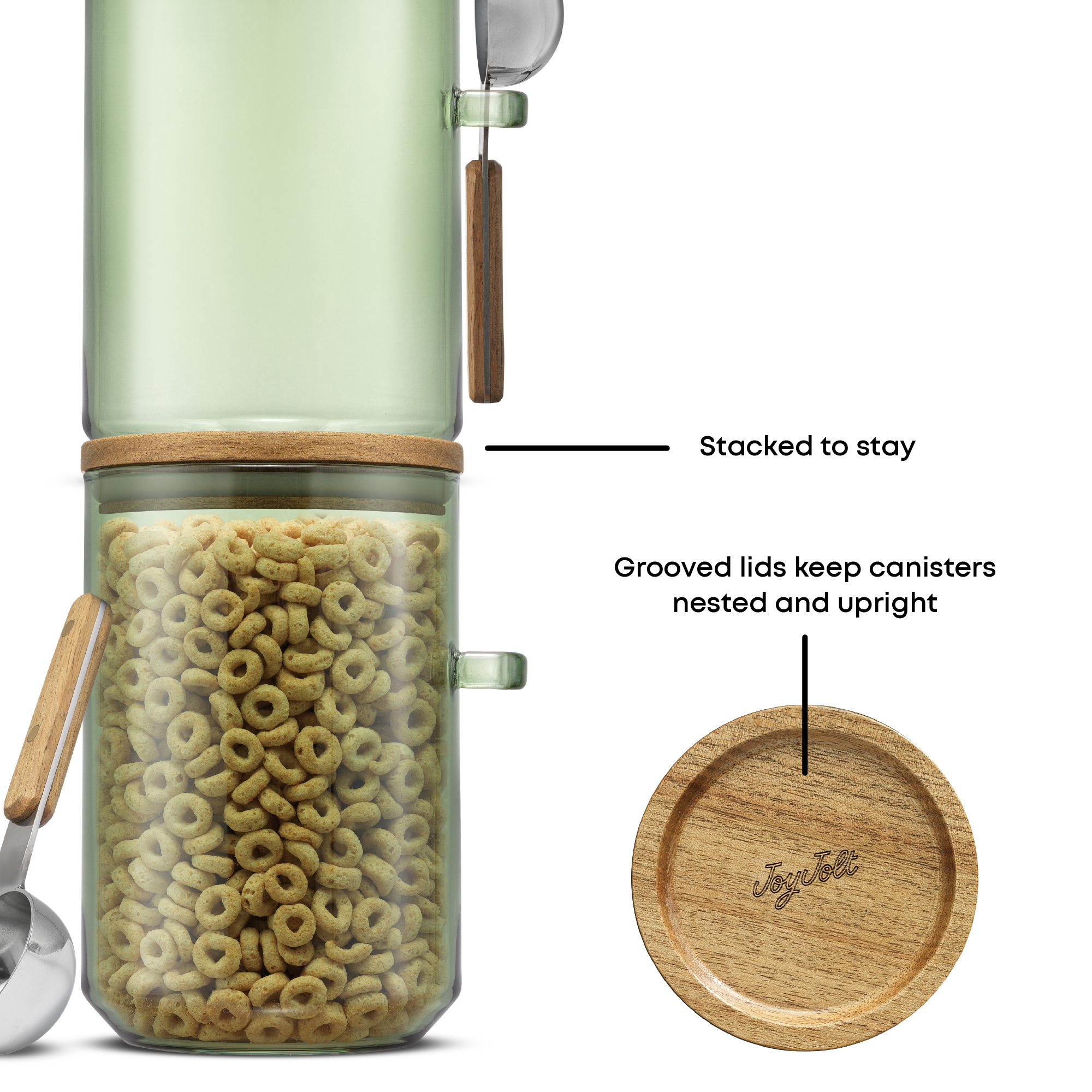 Glass canister with wooden lid filled with cereal, showing features like stacked lids and grooved design.