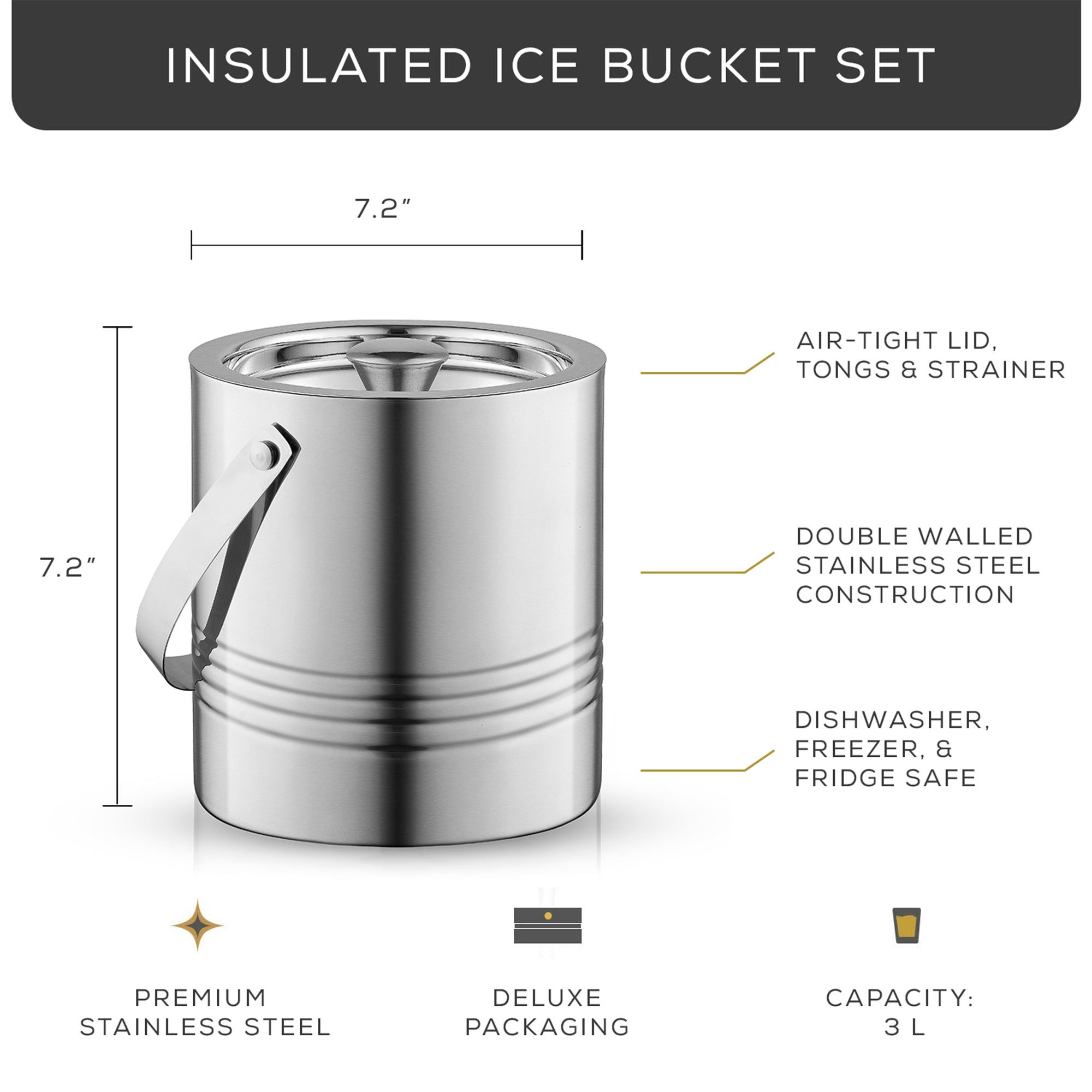 JoyJolt 3L Steel Ice Bucket: Strainer & Tongs