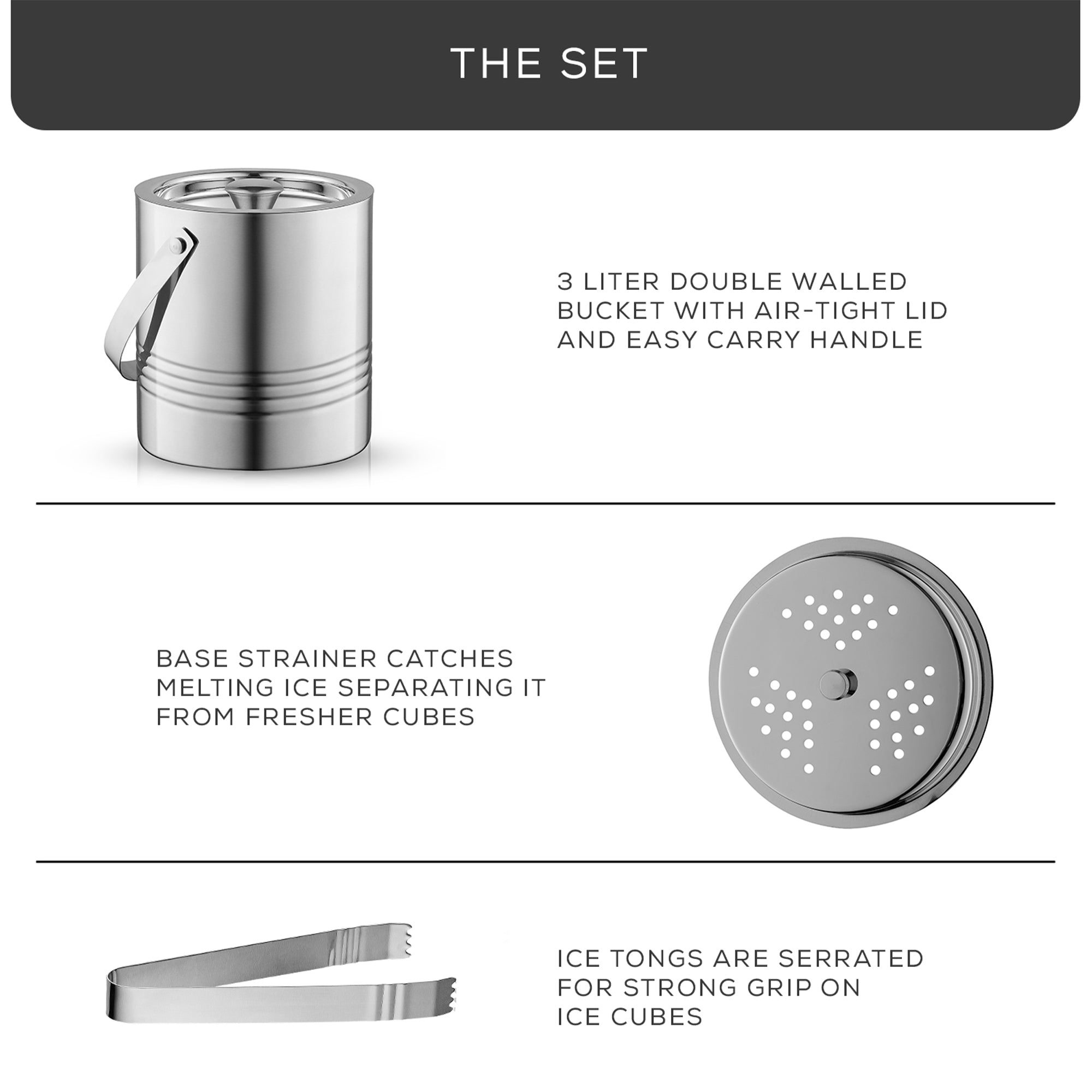 JoyJolt 3L Steel Ice Bucket: Strainer & Tongs