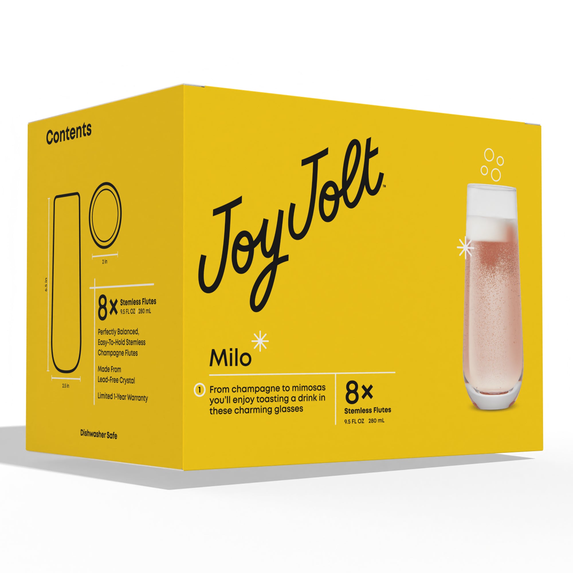 Product packaging for a set of 8 stemless flutes by Joy Jolt. The box features an image of the flutes filled with sparkling rosé champagne. Text highlights include: "Perfectly Balanced, Easy-To-Hold Stemless Champagne Flutes," "Made From Lead-Free Crystal," "Dishwasher Safe," and "Limited 1-Year Warranty."