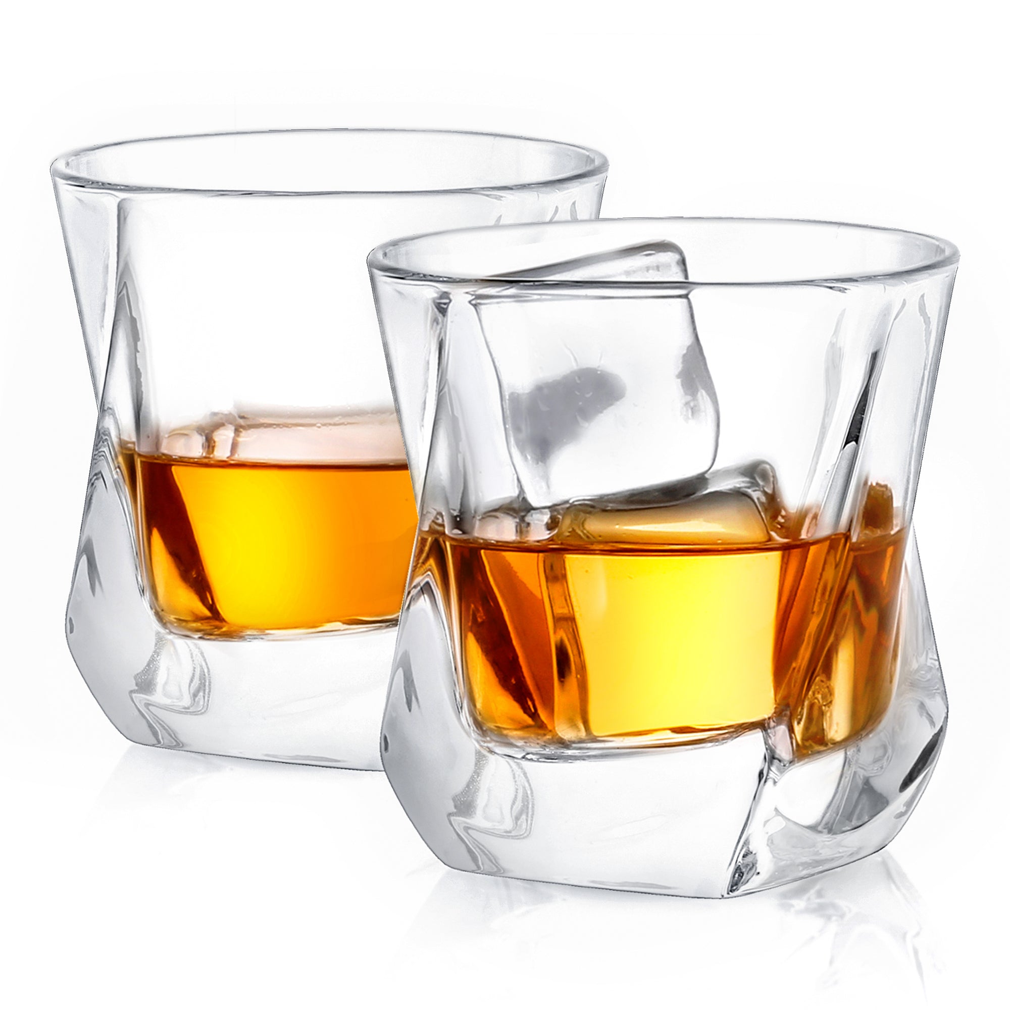 Two twisted whiskey glasses filled with whiskey and ice.