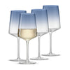 Set of four wine glasses with blue gradient tops on a white background