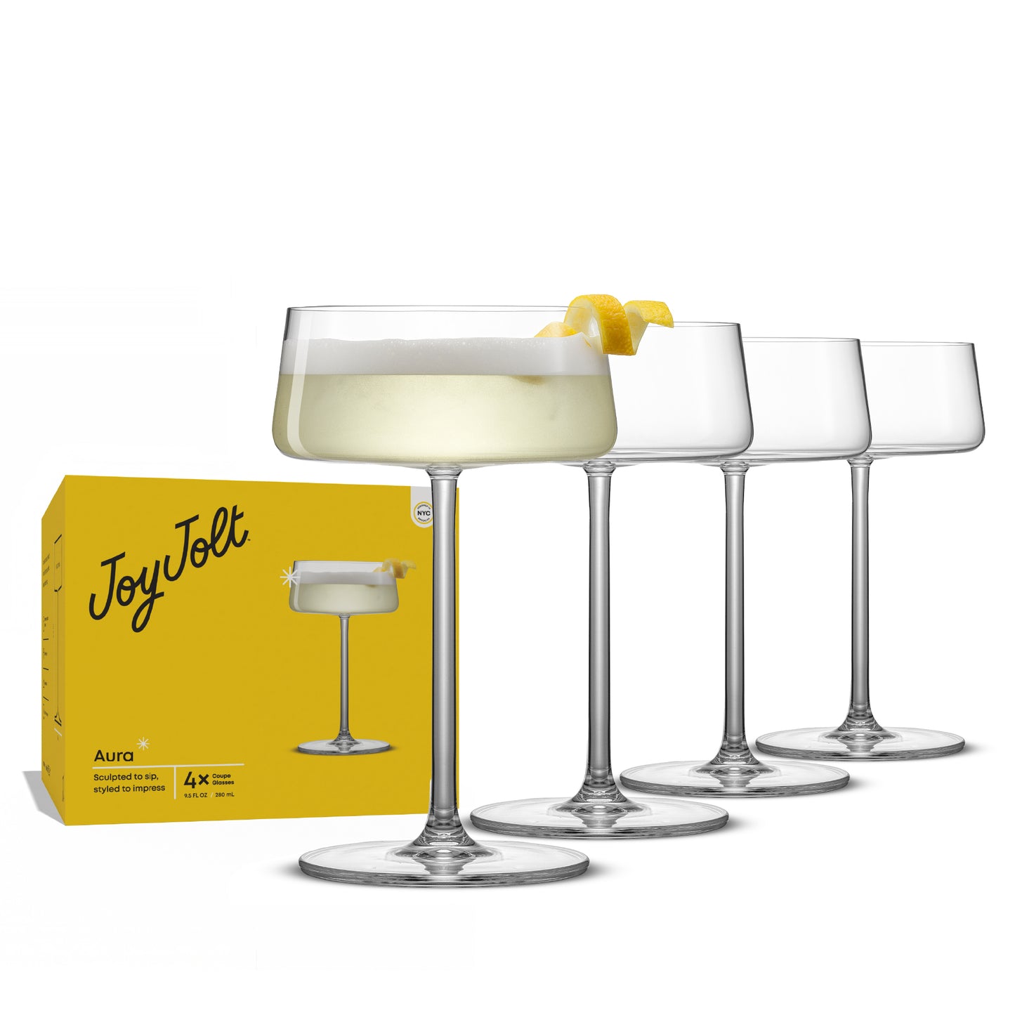 Set of four martini glasses named Aura with its yellow packaging box by JoyJolt on a white background