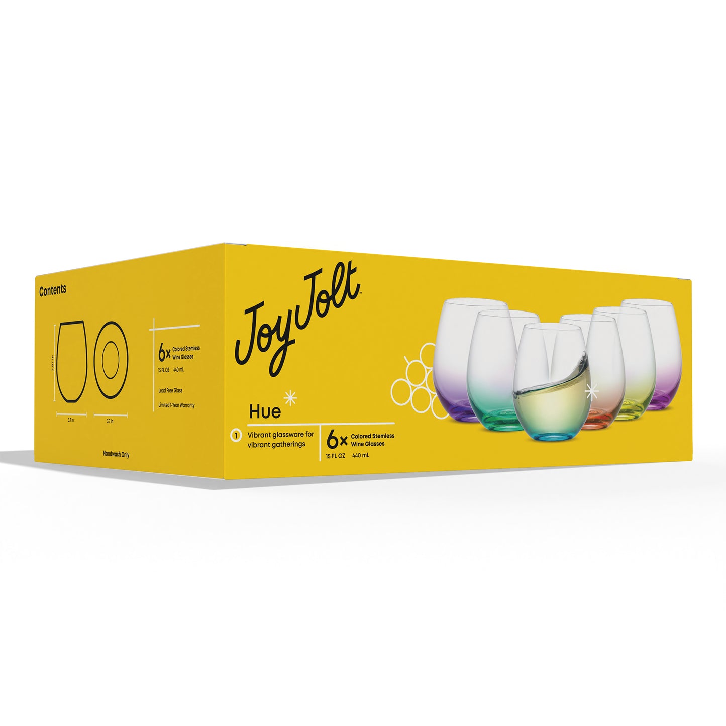 A yellow packaging JoyJolt box the glasses arrive in, against a white background