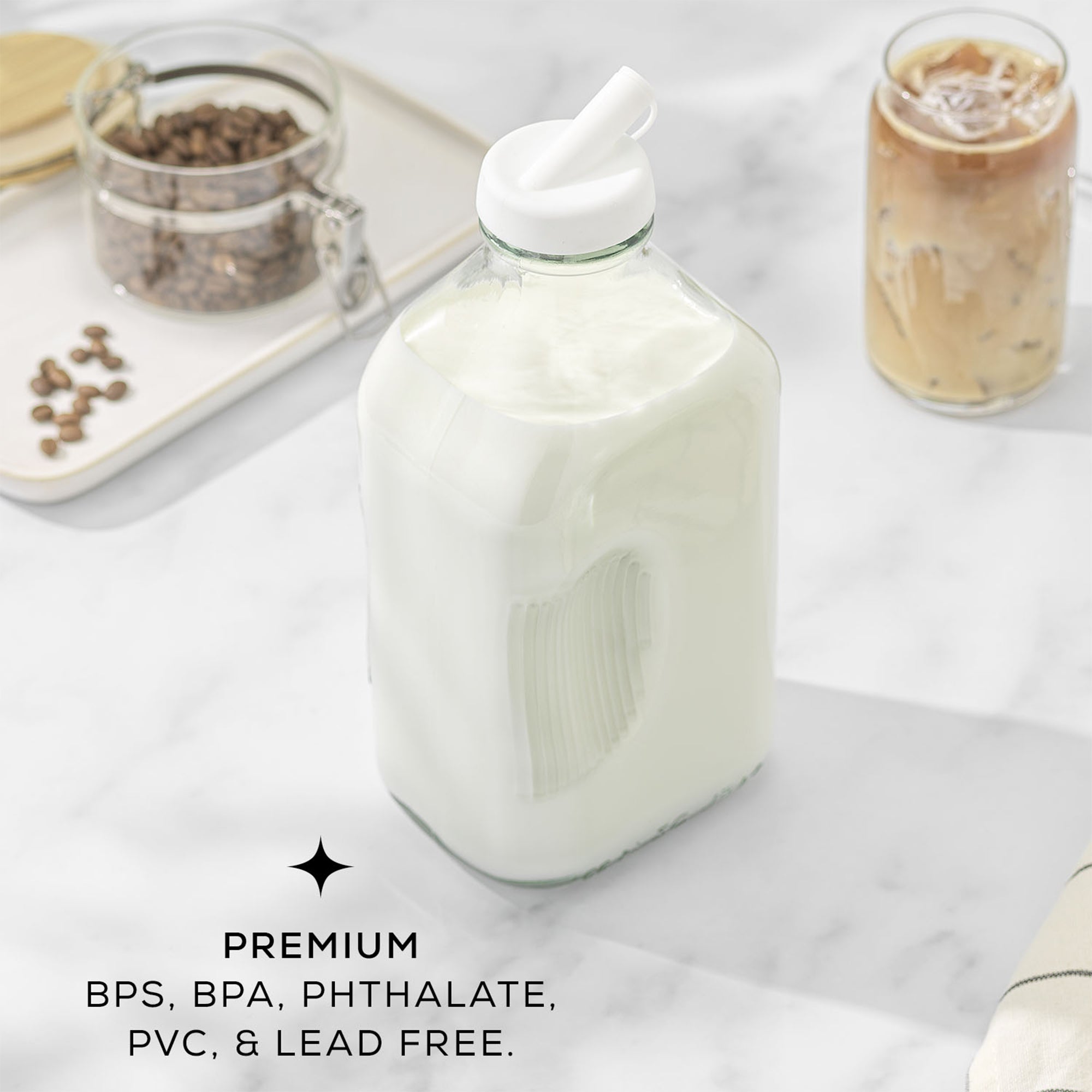 JoyJolt Reusable Glass Milk Bottle Set with Lid & Pourer