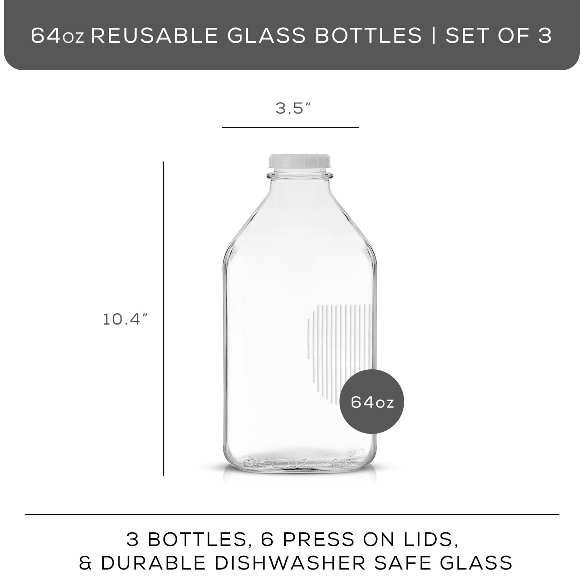 JoyJolt Reusable Glass Milk Bottle Set with Lid & Pourer