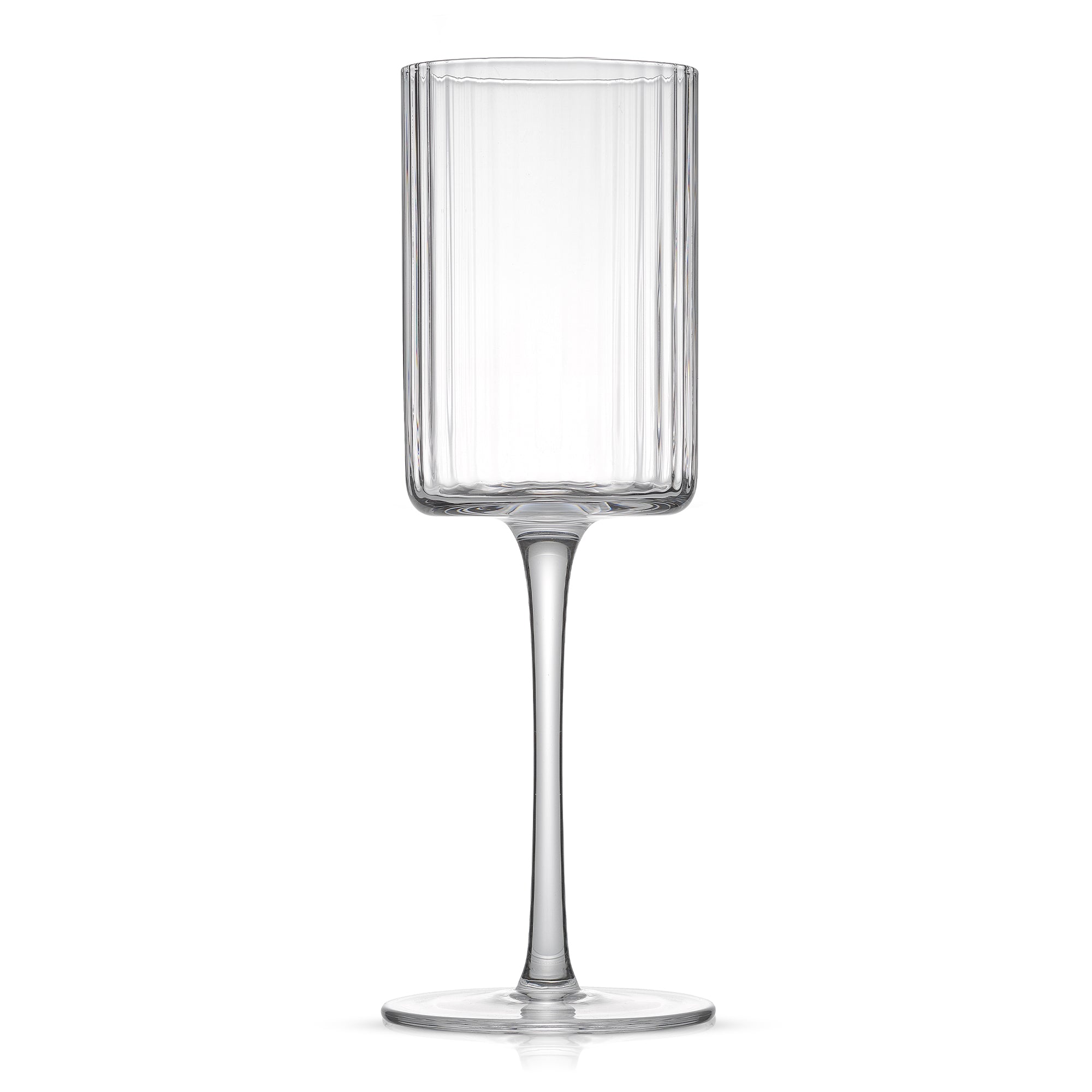 A tall, stemmed wine glass with a fluted cylindrical body and a single stem.