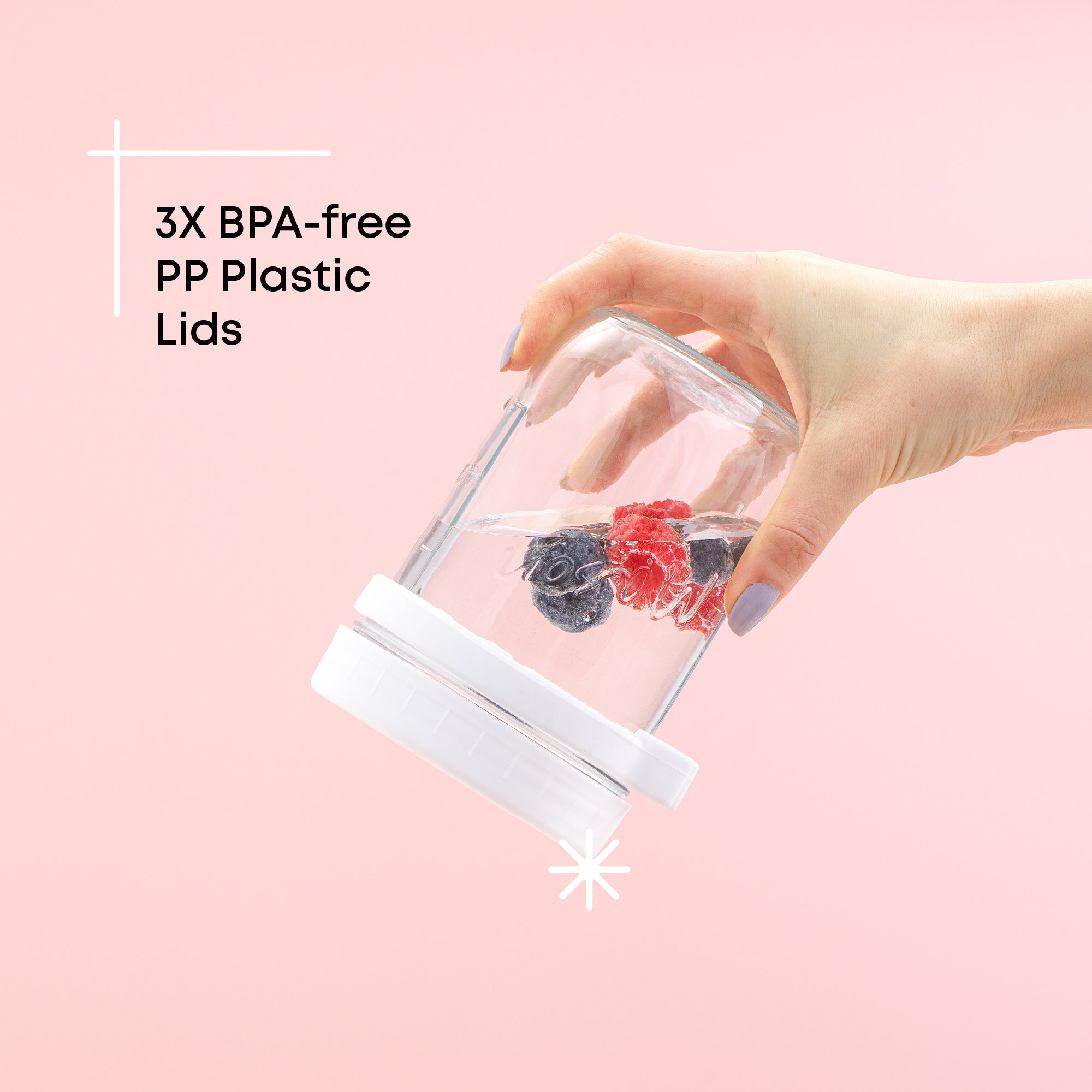 Overnight oats container tilted upside down with water and fruit showcasing the tight seal.