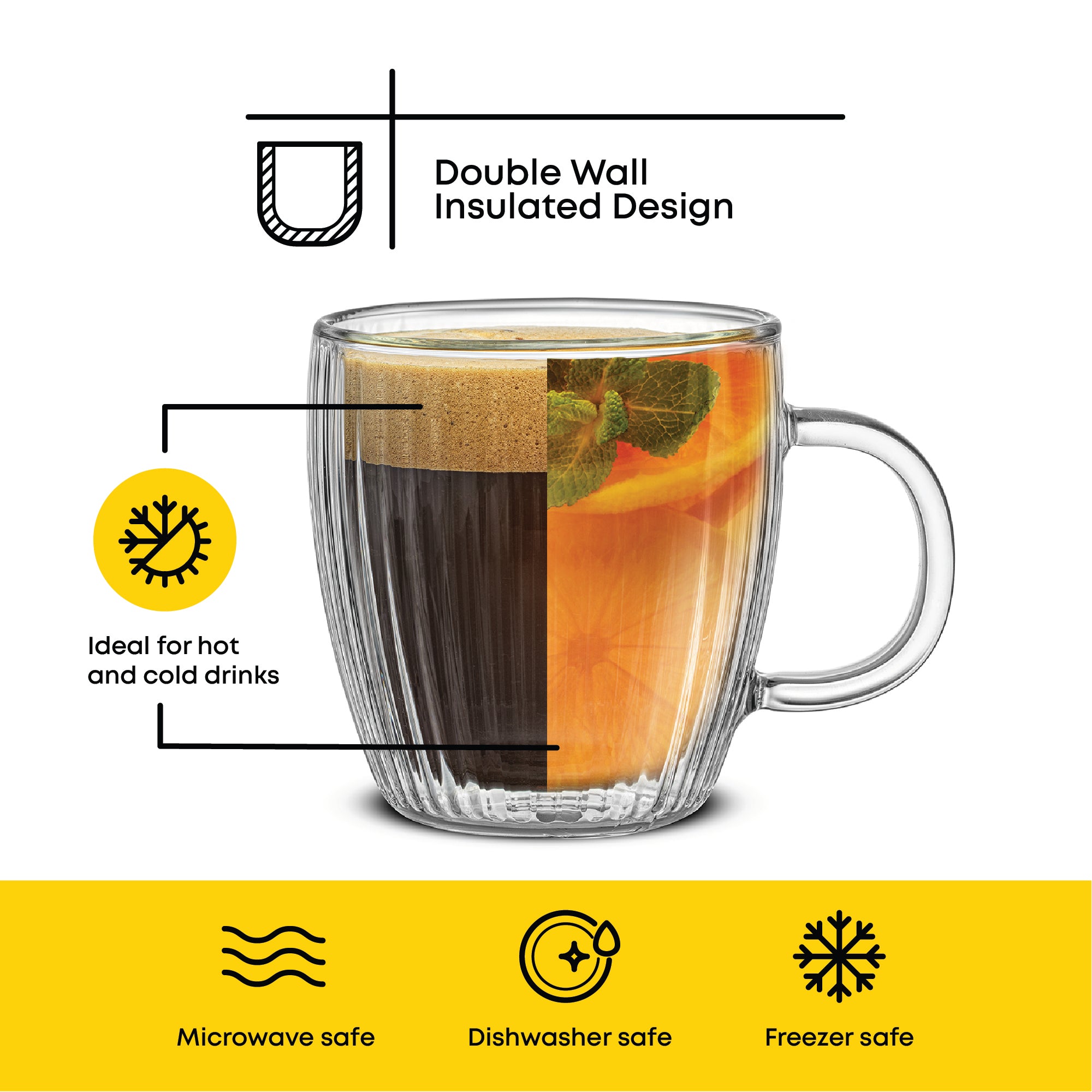 Double wall insulated glass mug with hot and cold drink illustration, safety icons, and text on a white background.