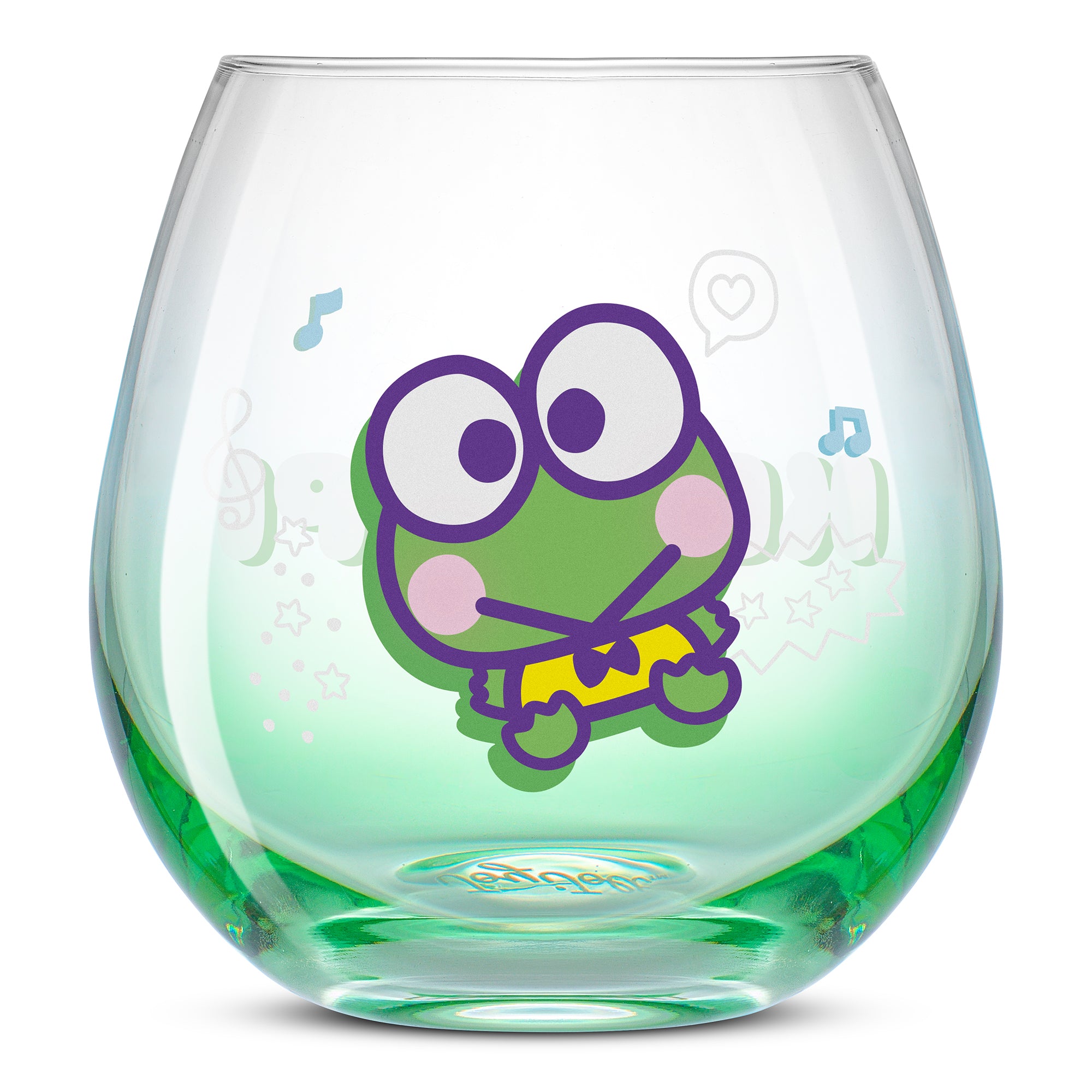 An empty green ombre glass featuring Keroppi from Hello Kitty and Friends.