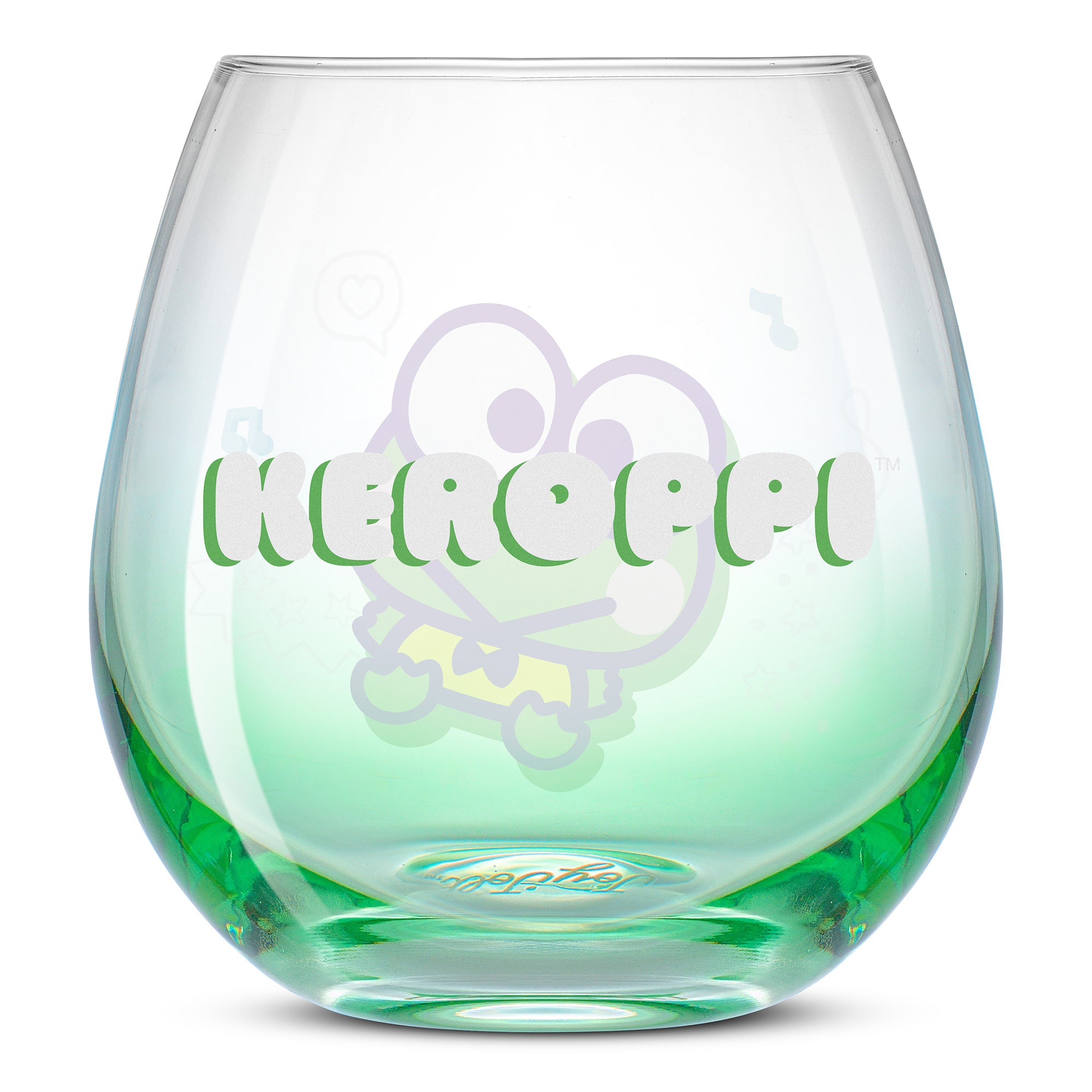 An empty green ombre glass showing the text, "Keroppi" on the glass.