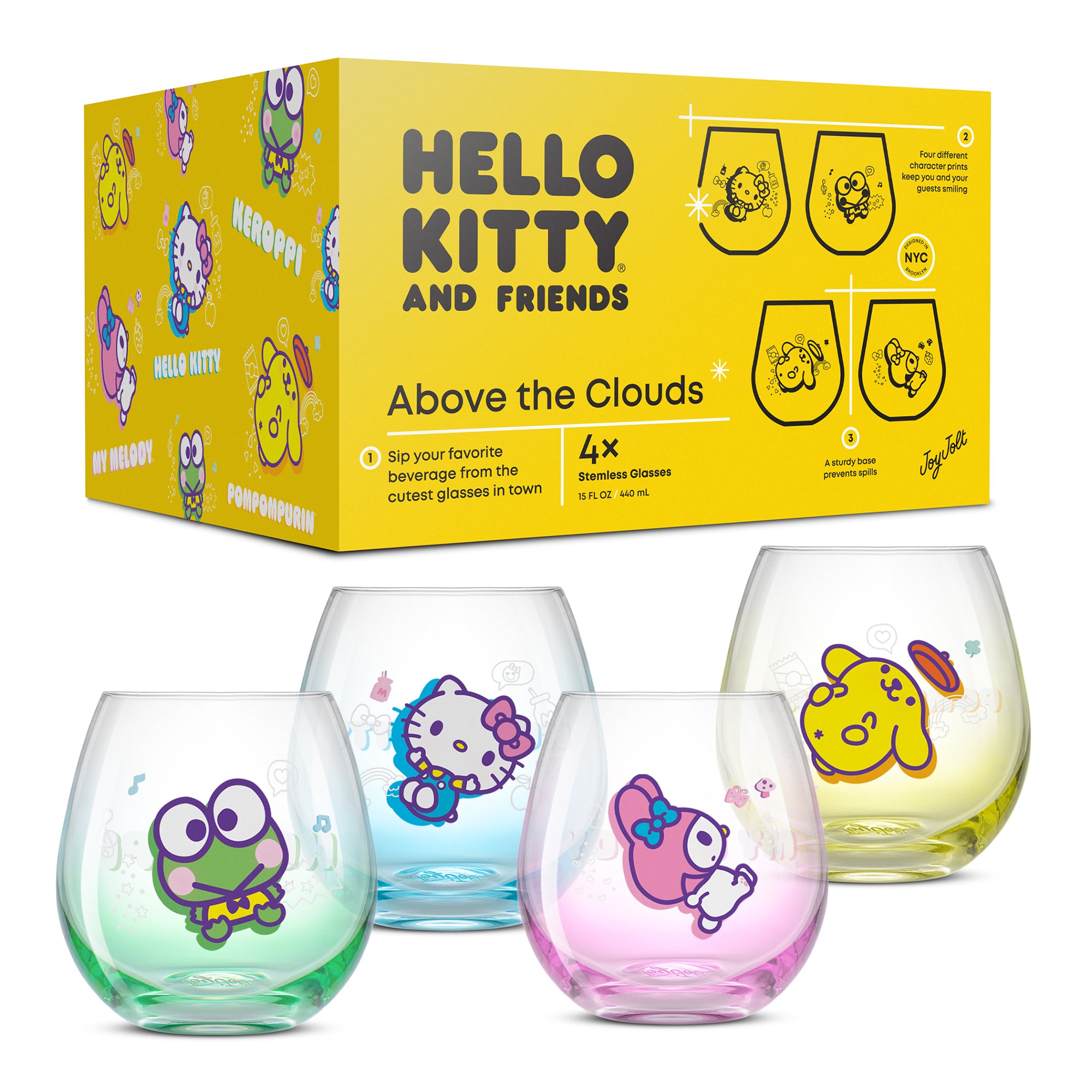 A set of four stemless wine glasses featuring Hello Kitty and Friends characters. The glasses have a design featuring Hello Kitty, My Melody, Keroppi, and Pompompurin. The text "Hello Kitty and Friends" and "Above the Clouds" is written on the packaging.