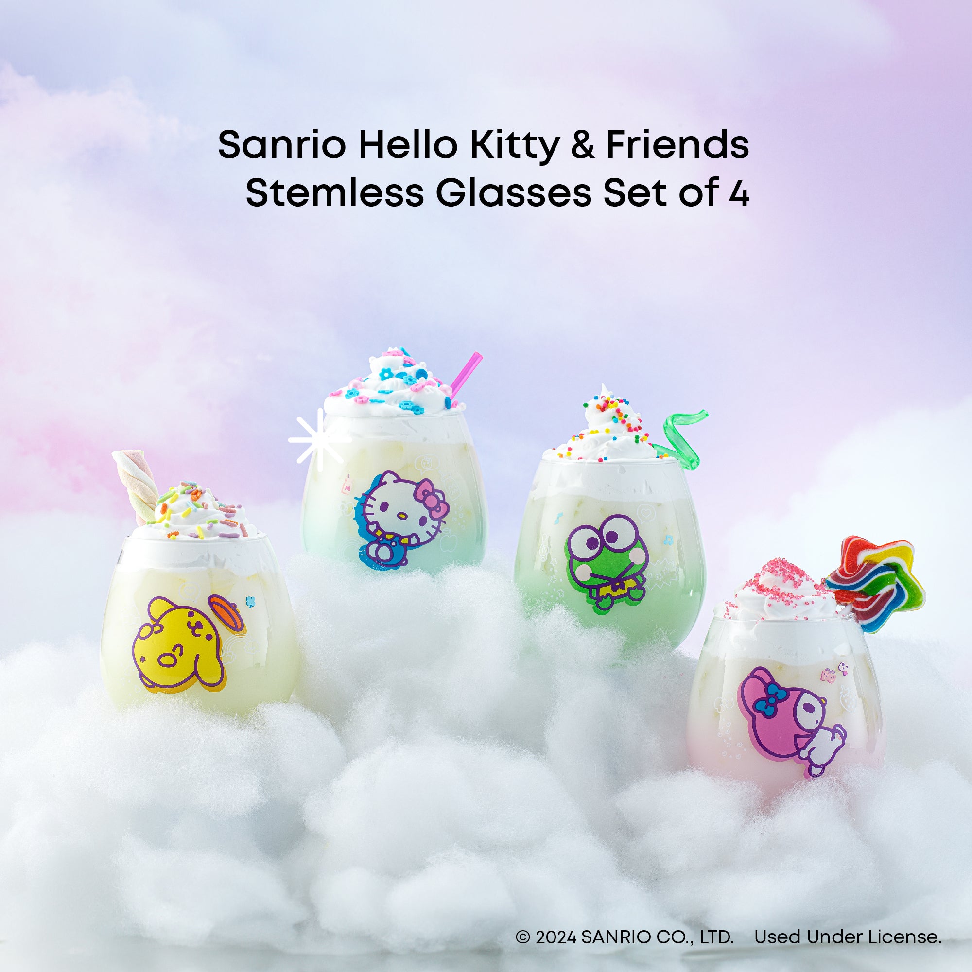 A set of four Hello Kitty and Friends stemless wine glasses resting on a cloud.