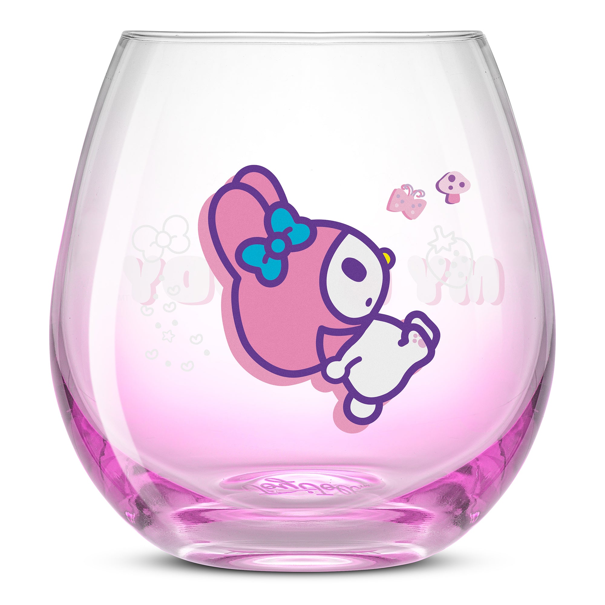 An empty pink ombre glass featuring My Melody from Hello Kitty and Friends.