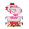 Set of two food storage containers with Hello Kitty bows on the clip lids (in red and pink) on a white background