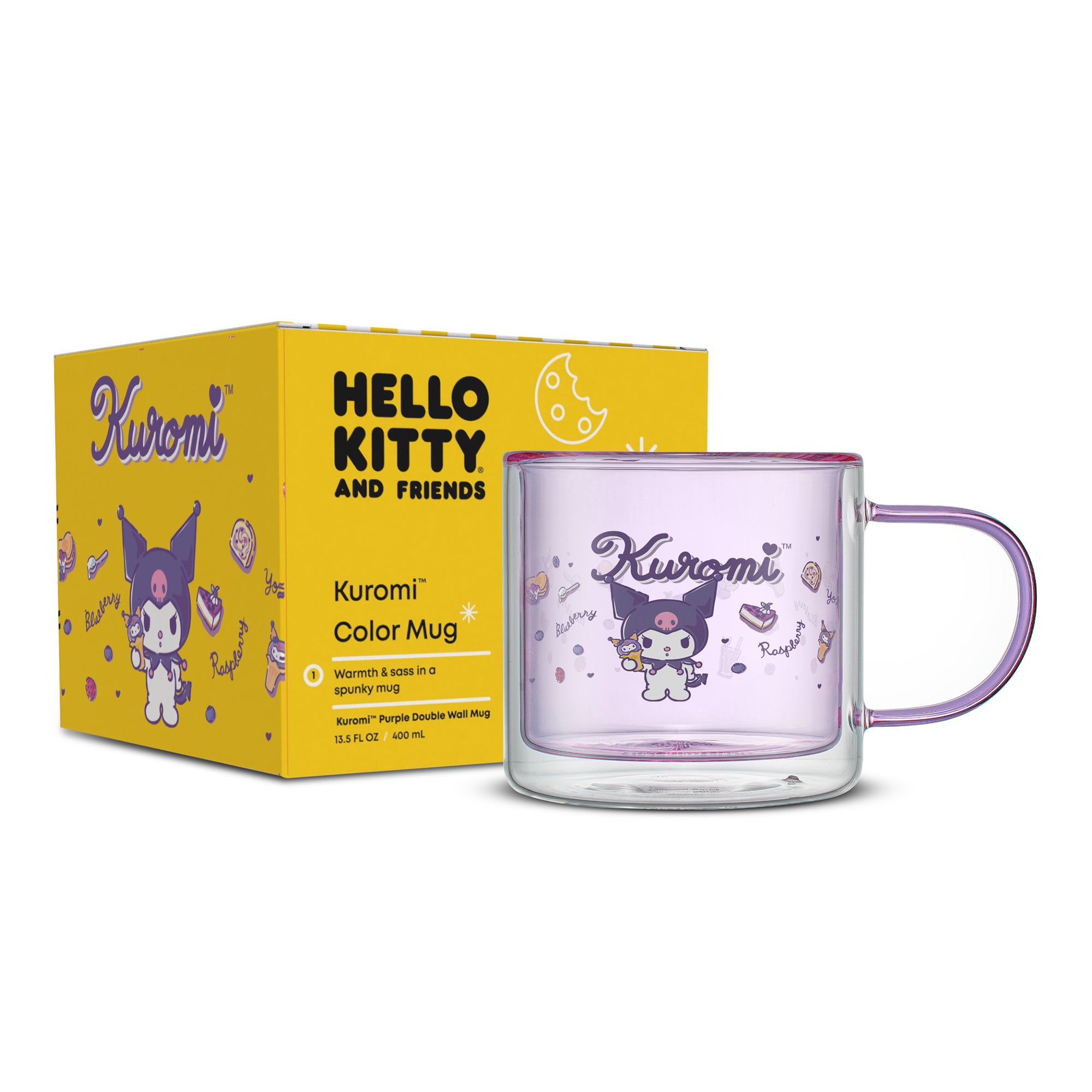 A purple Kuromi double-wall glass mug. A JoyJolt yellow box displaying Hello Kitty with Kuromi graphics on the side.