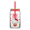 A JoyJolt x Sanrio Hello Kitty tumbler glass with a bamboo lid and straw featuring Hello Kitty holding a piece of pie.