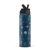 Space-themed water bottle with rocket ships and planets on a white background