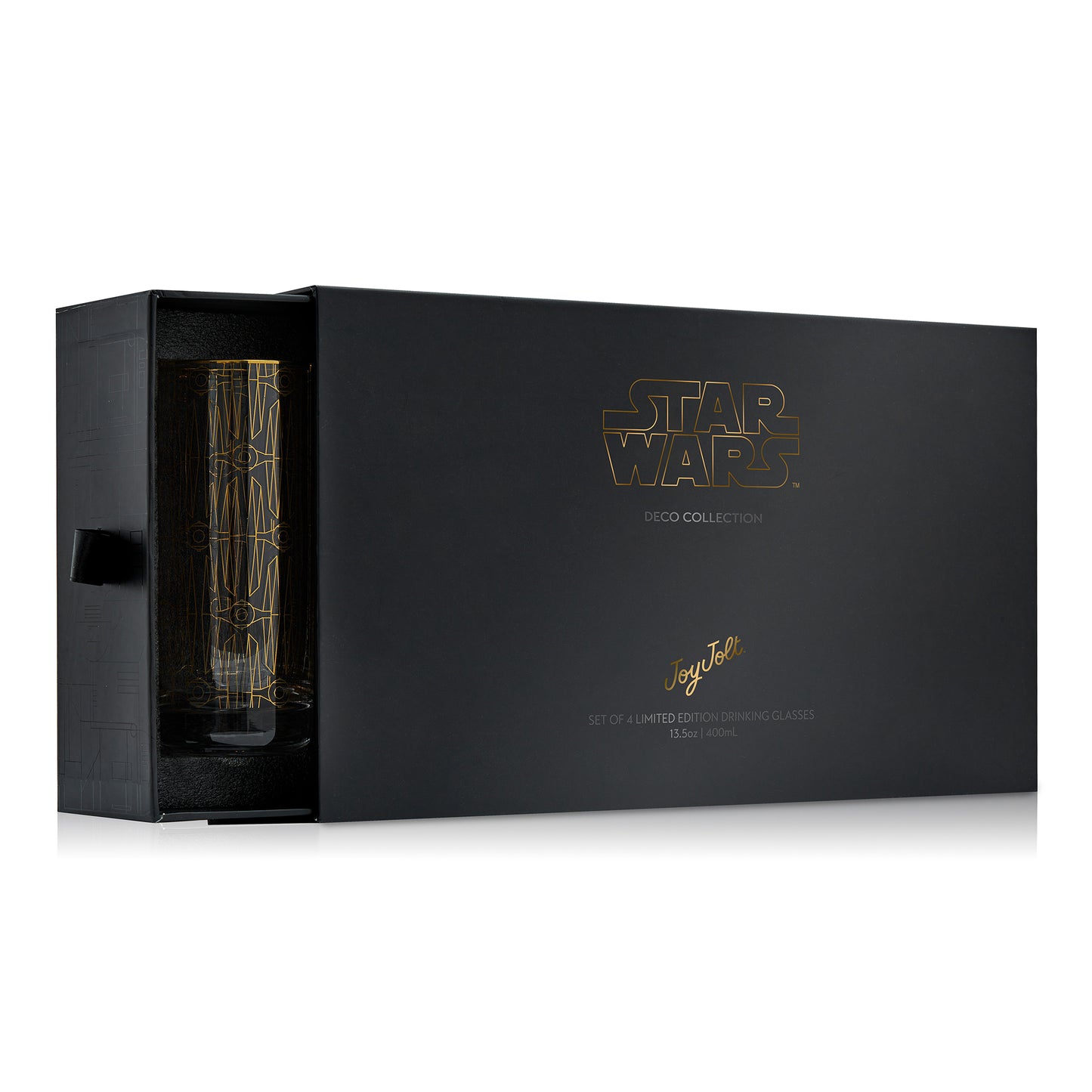 A set of four limited edition drinking glasses with a black Star Wars Deco Collection packaging box.