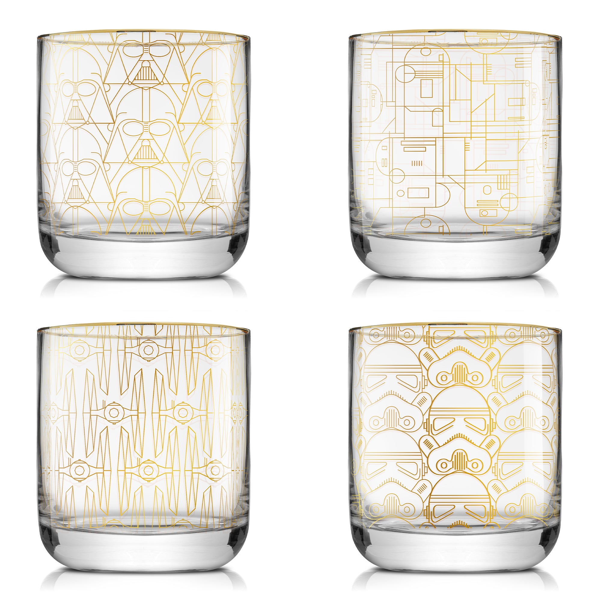 Star Wars Icons: Darth Vader, R2-D2, TIE Fighter, Stormtrooper deco style whiskey glasses.
