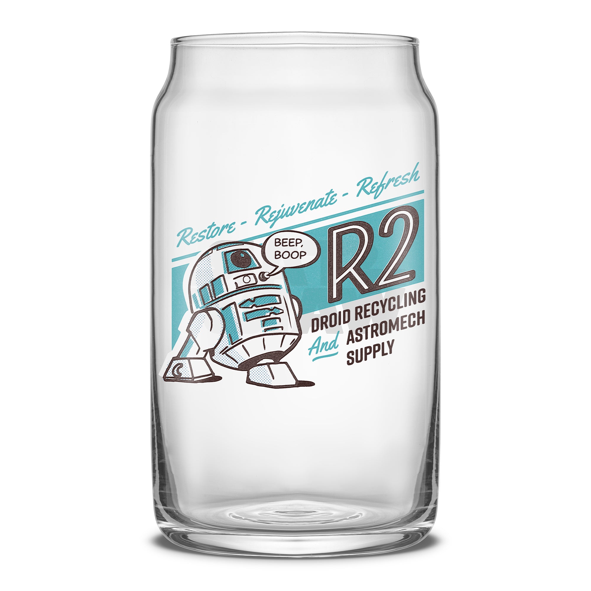 Retro-inspired Star Wars can-shaped drinking glasses featuring R2D2.