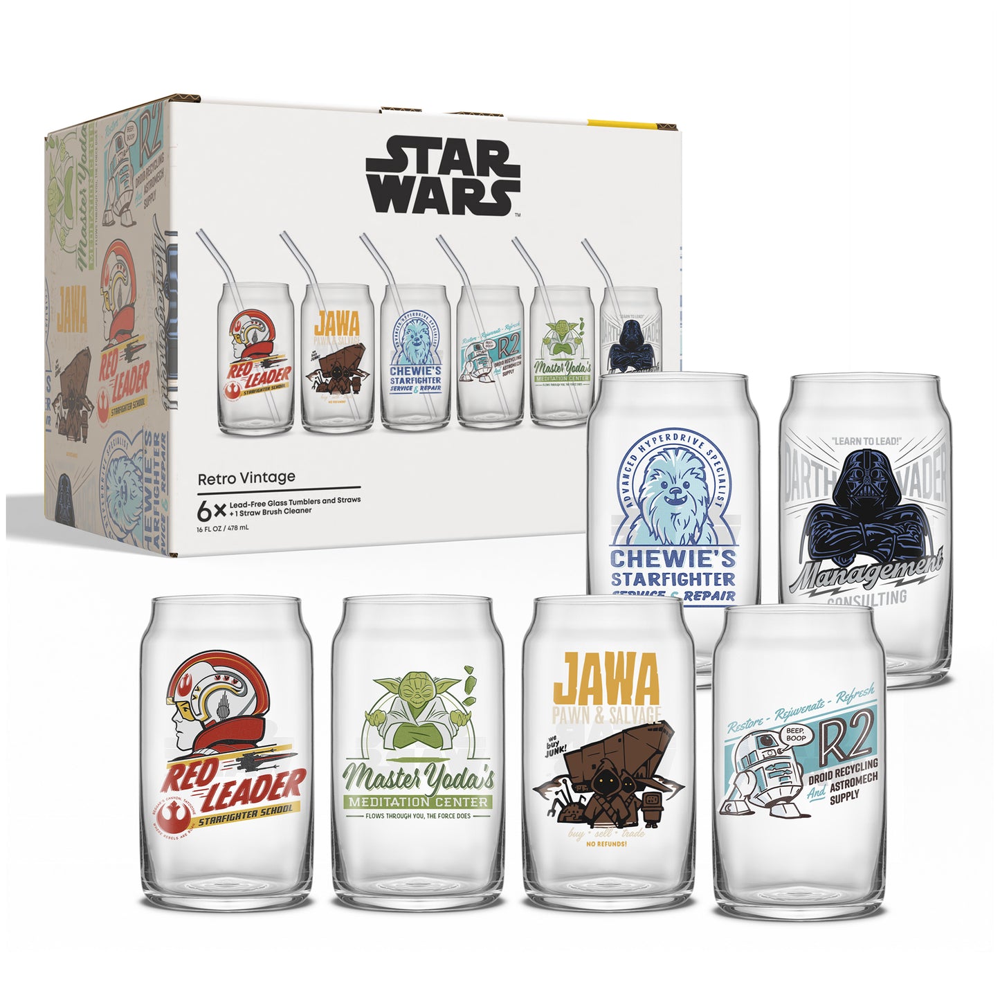 Set of six Star Wars themed can glasses with a branded Star Wars packaging box in the background