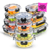 A set of 12 borosilicate glass storage containers with airtight plastic lids in various rectangle, square, and round shapes, displayed with food inside to showcase the containers' capacity and design.