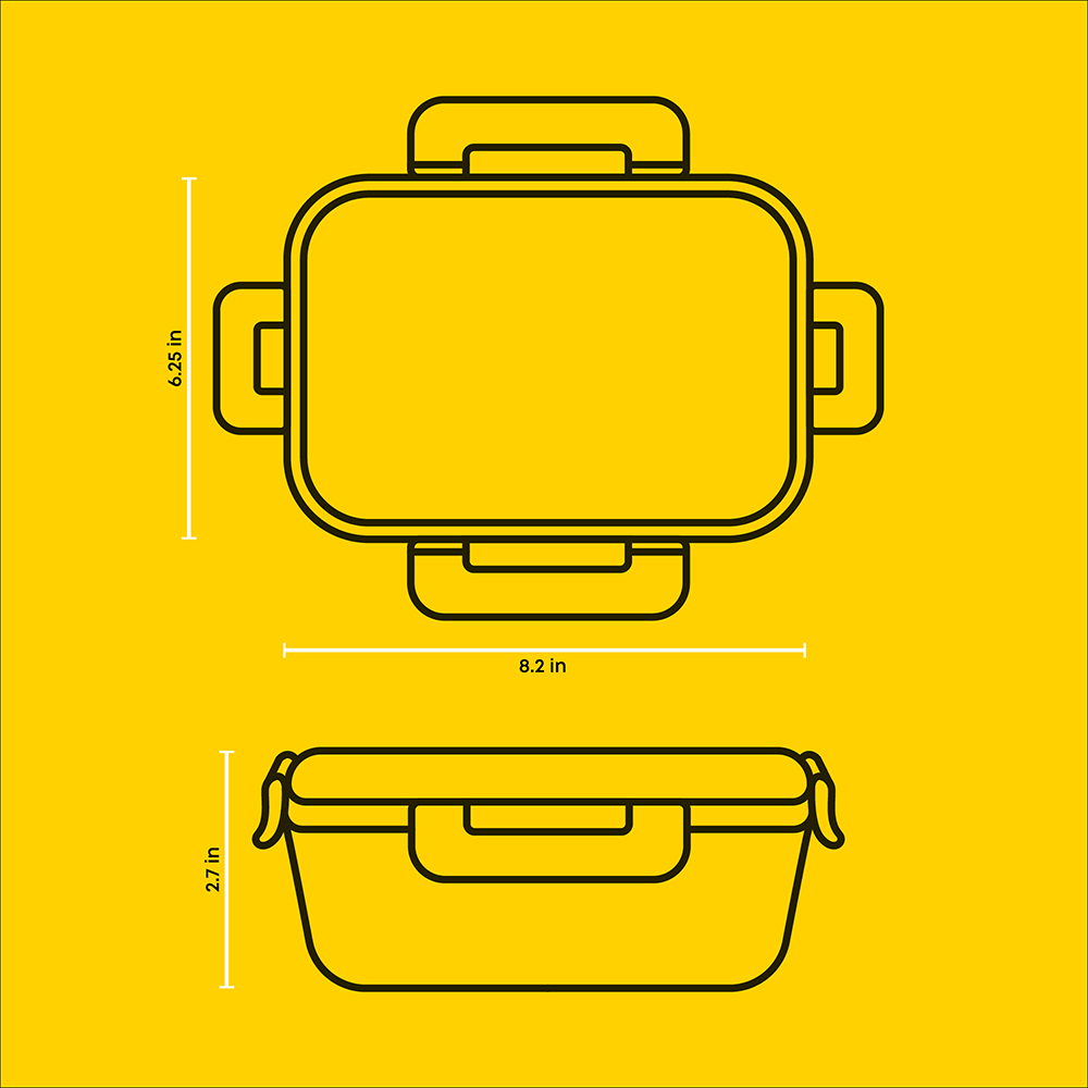 Illustrations of containers with their respective sizes on a yellow background
