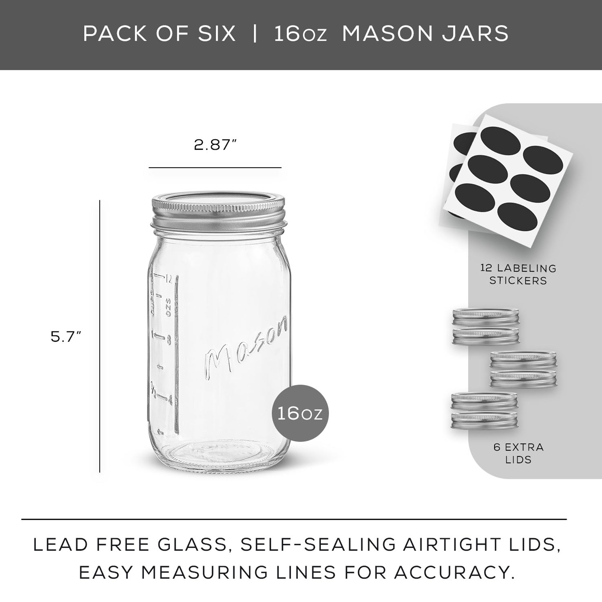 JoyJolt Mason Jars with Airtight Lids, Labels and Measures