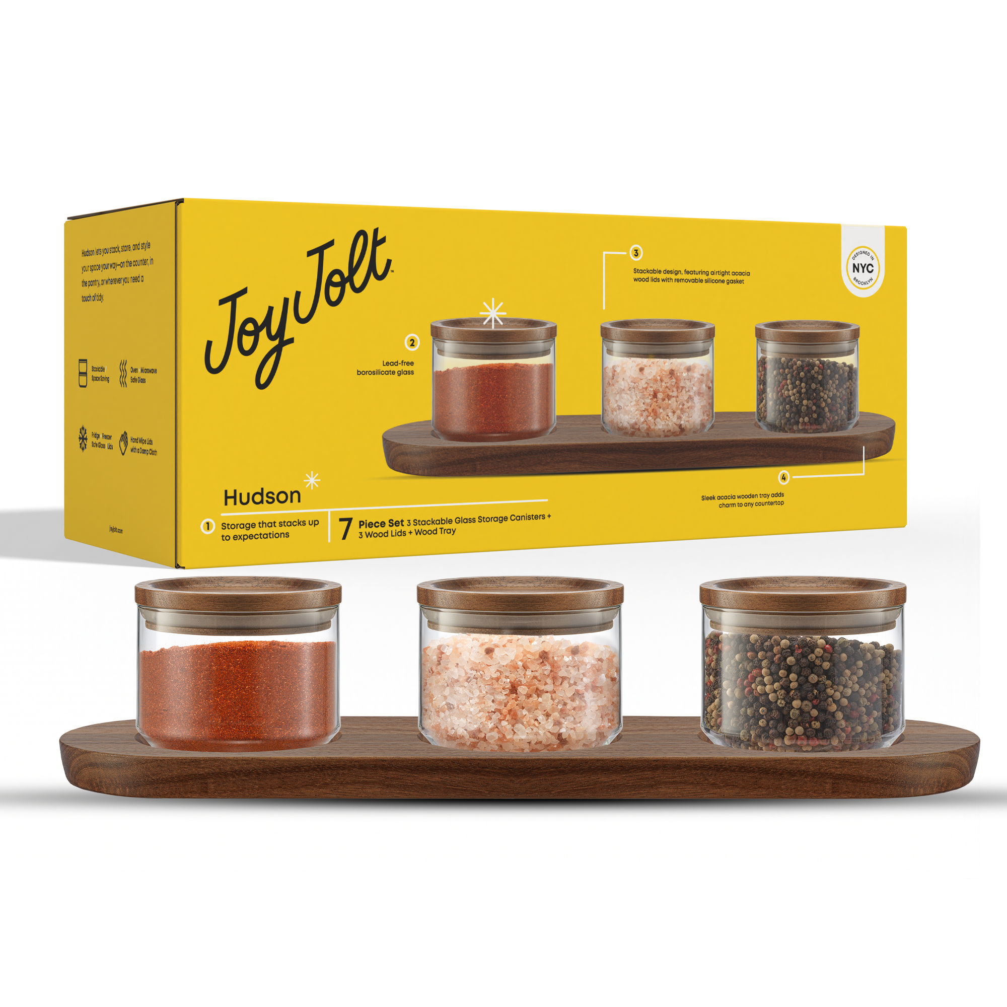 Holden Stackable Glass Storage Canister Set with Wood Lids and Tray