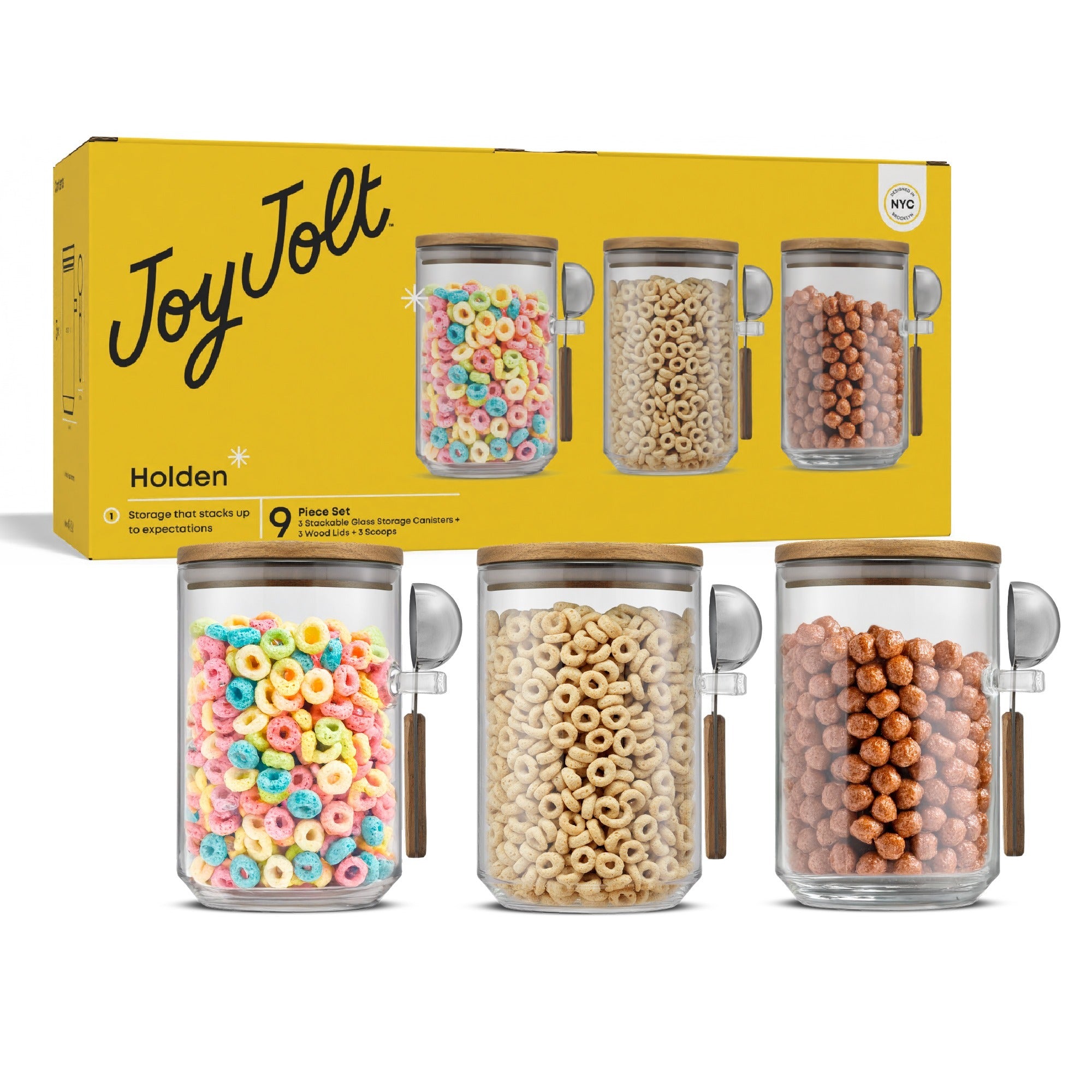 Set of Holden storage canisters with a yellow packaging JoyJolt box in the background