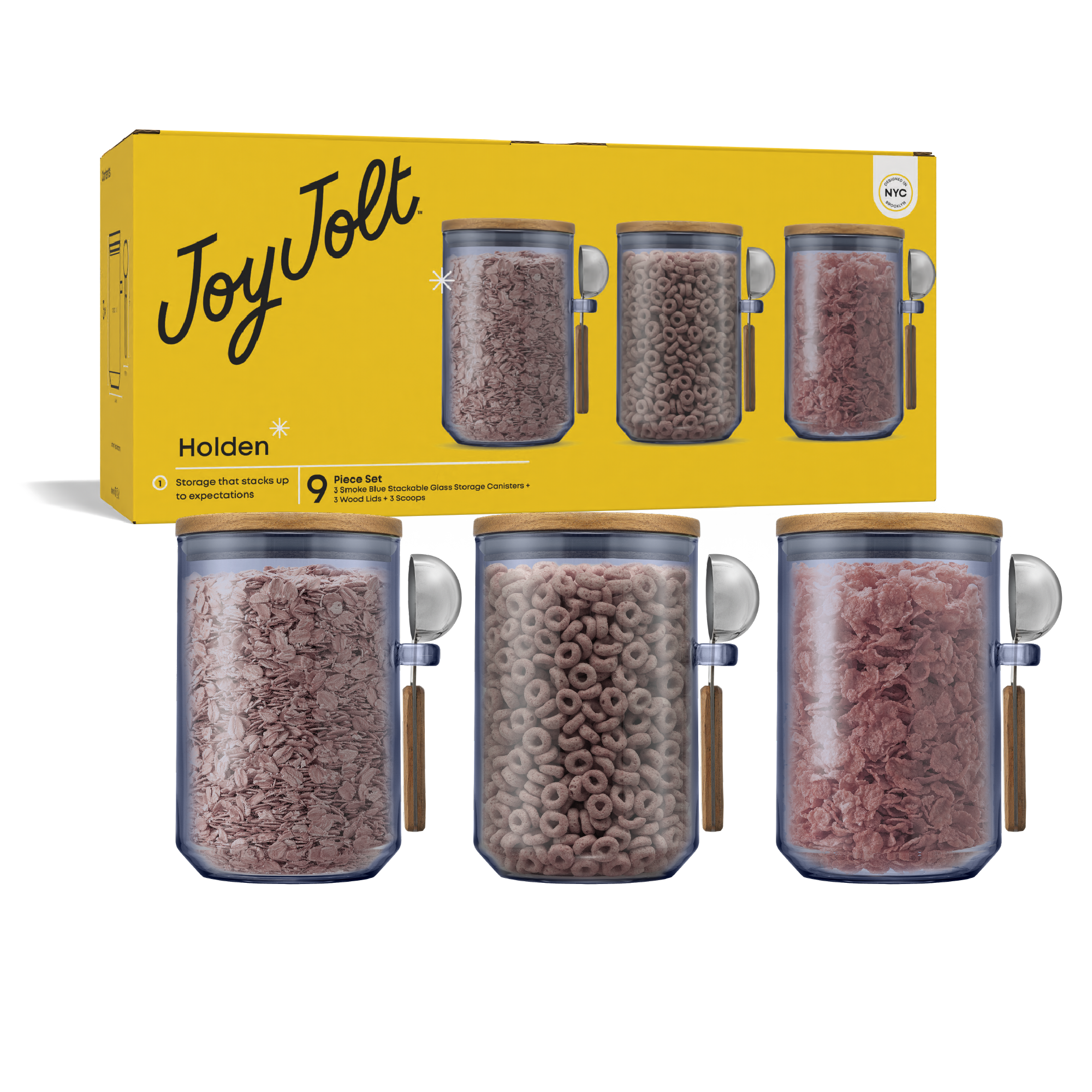 Set of Holden storage canisters with a yellow packaging JoyJolt box in the background