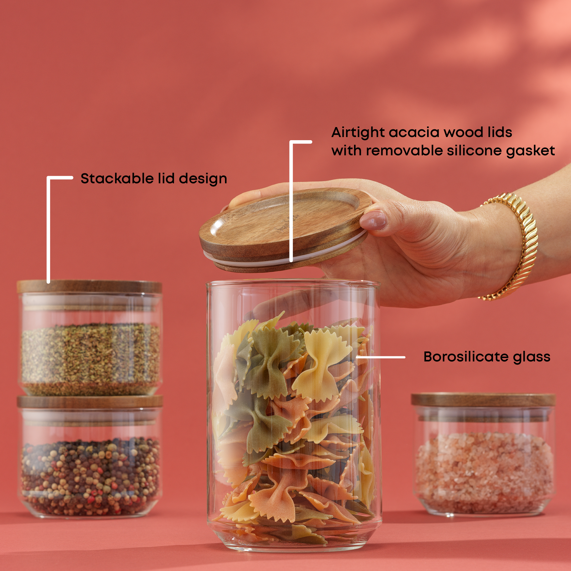 Holden 7-Piece Stackable Glass Storage Canister Set with Wood Lids