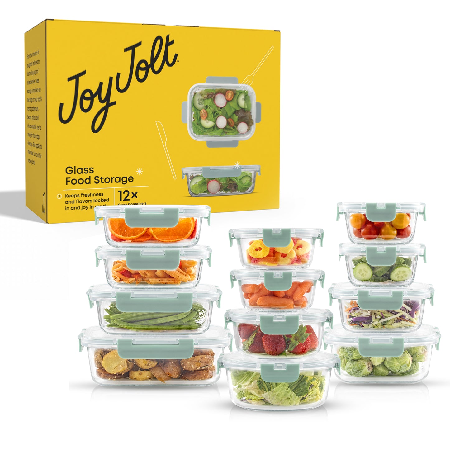 Set of glass food storage containers with a yellow packaging JoyJolt box in the background
