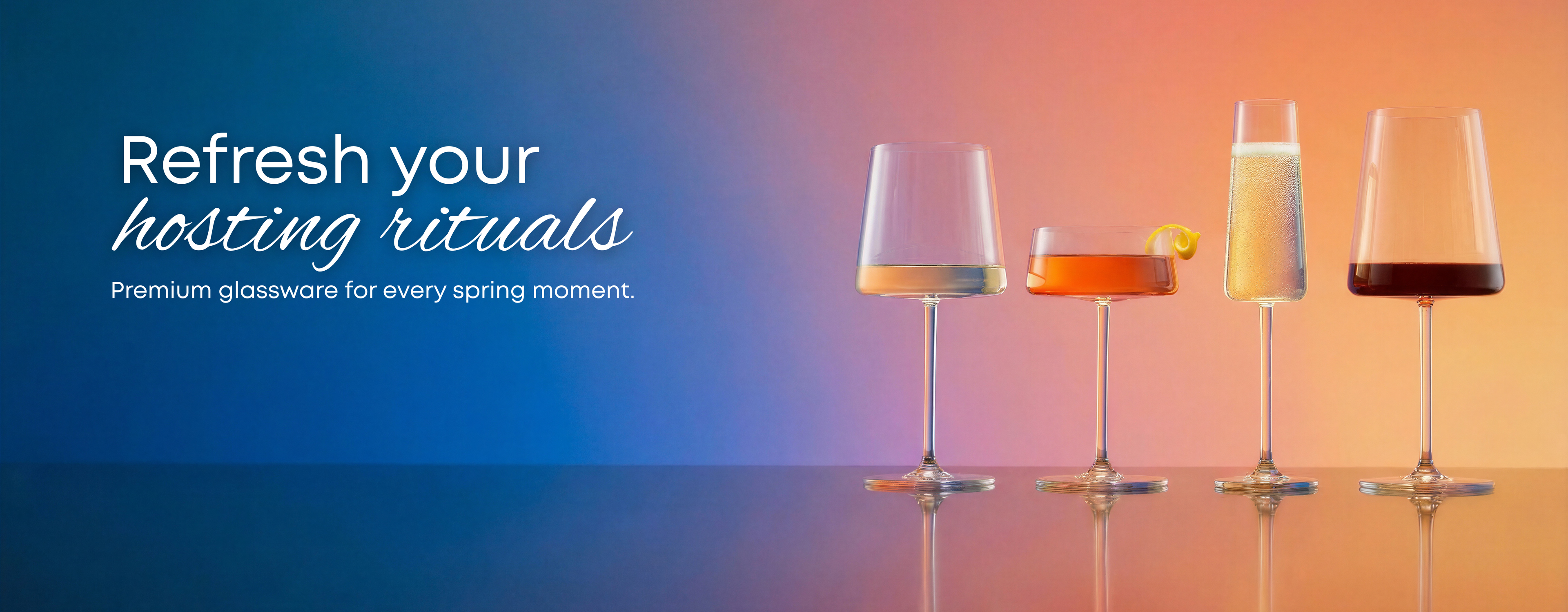 Glasses with drinks on a gradient background with text promoting hosting rituals.