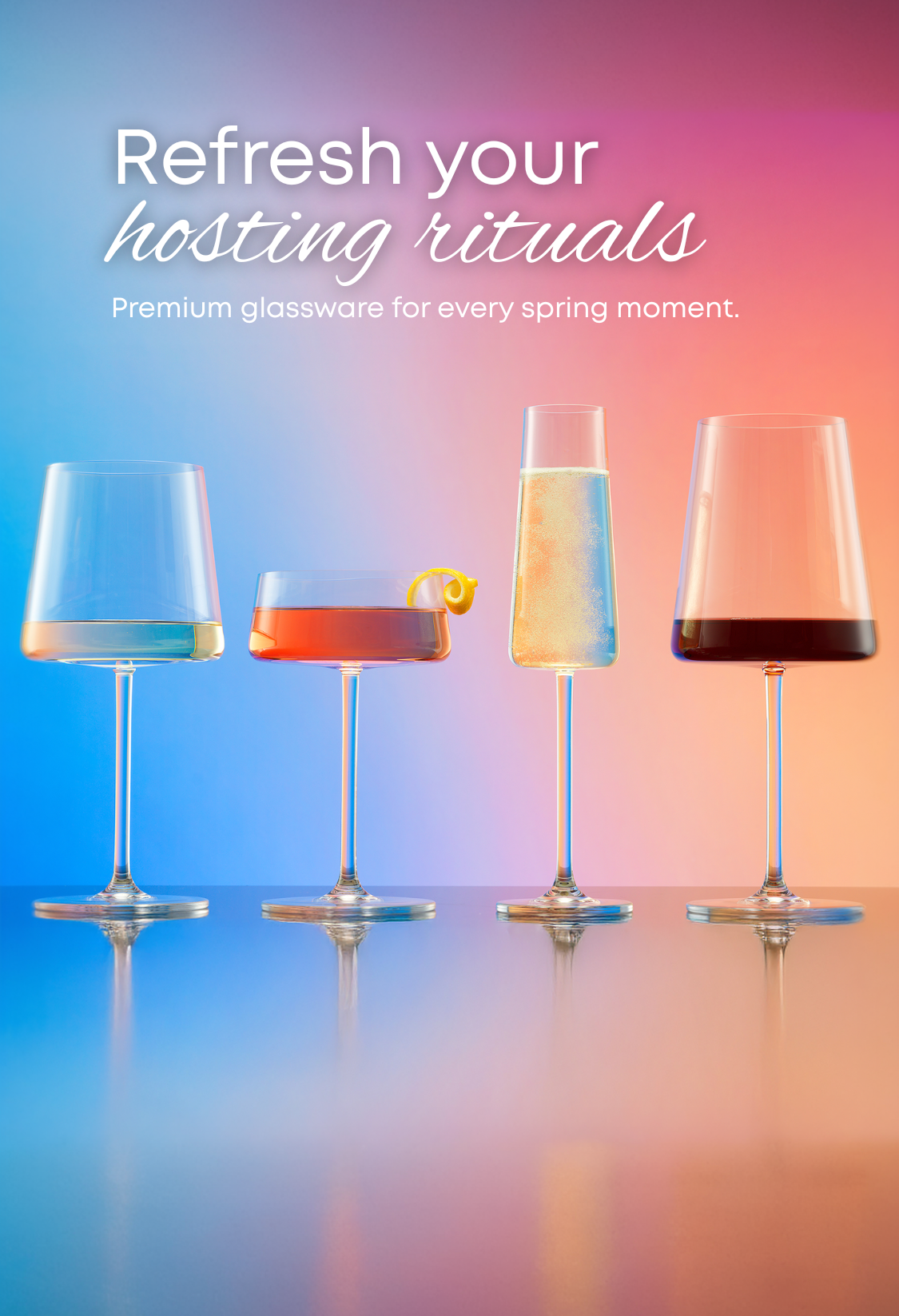 Four glasses with different drinks on a gradient background with text promoting premium glassware.