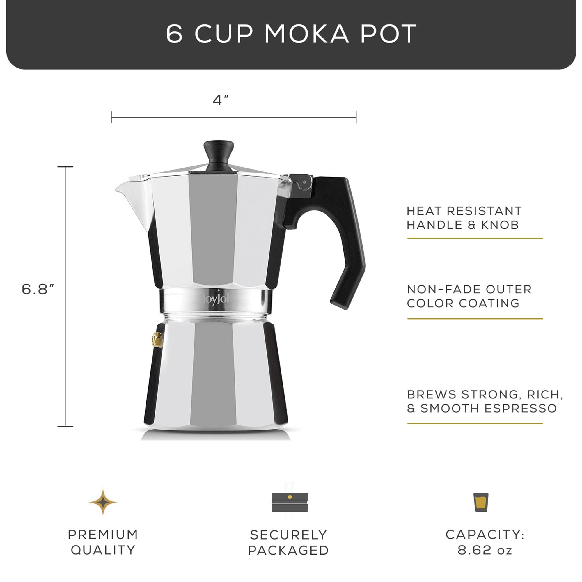 JoyJolt Italian Moka Pot Stovetop Aluminum Espresso Maker
