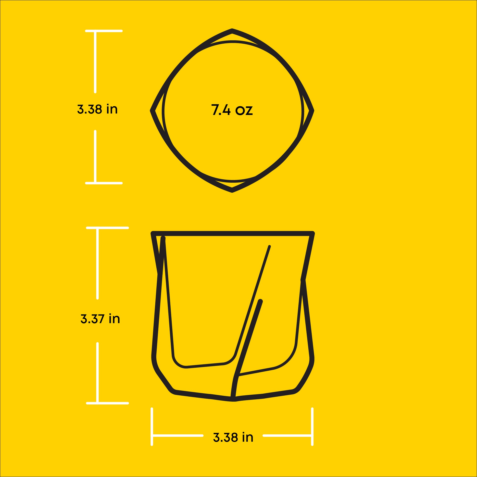 Infographic of the Aurora Whiskey Glass. 3.37 in tall, 3.38 in wide and 7.4 oz. 