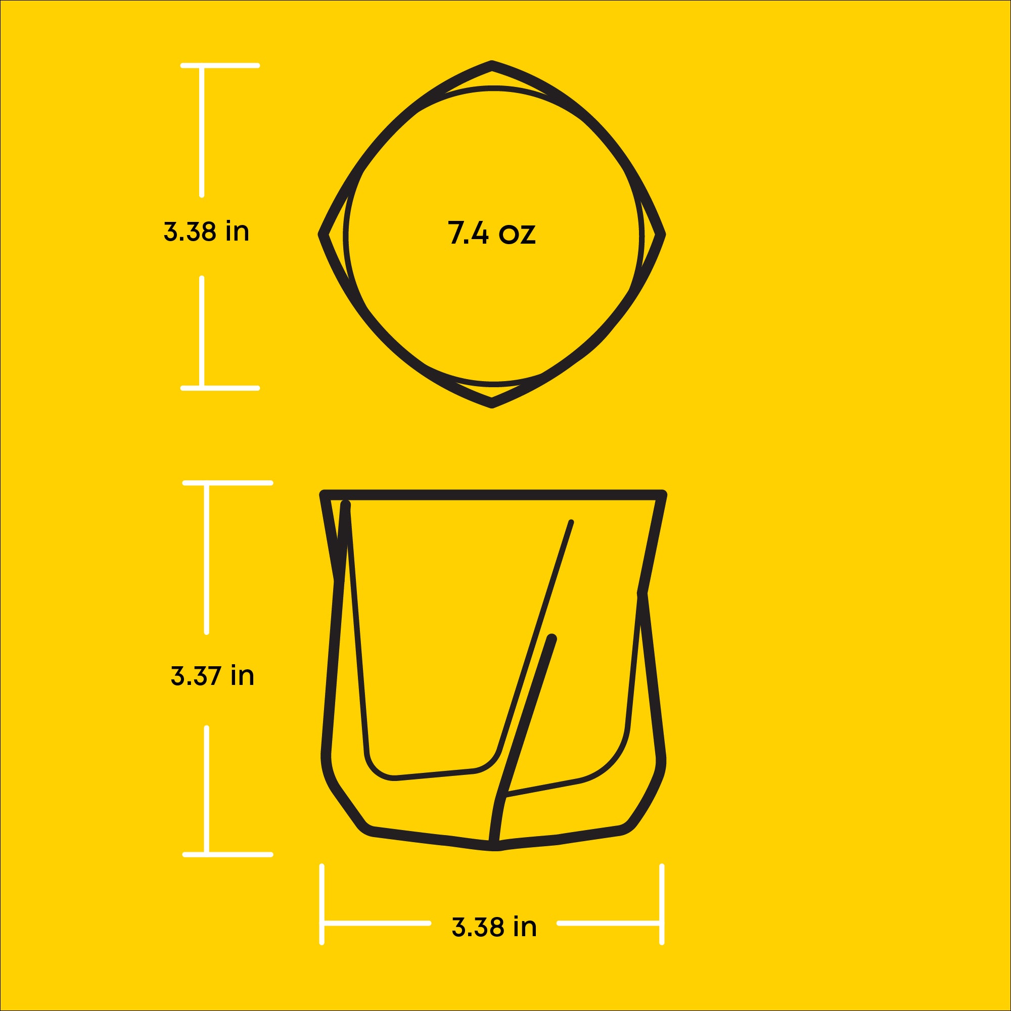 Infographic of the Aurora Whiskey Glass. 3.37 in tall, 3.38 in wide and 7.4 oz. 