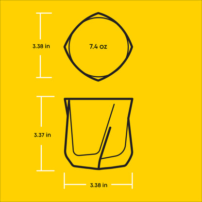 Infographic of the Aurora Whiskey Glass. 3.37 in tall, 3.38 in wide and 7.4 oz. 