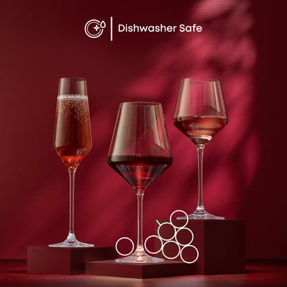 JoyJolt's Layla collection shown with a champagne glass, red wine glass, and white wine glass, with text saying they're all dishwasher safe.