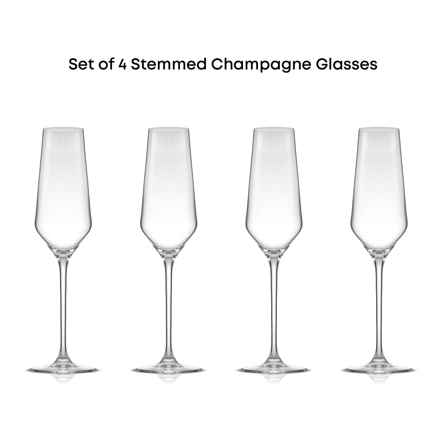 Set of  4 clear champagne glasses on a white background
