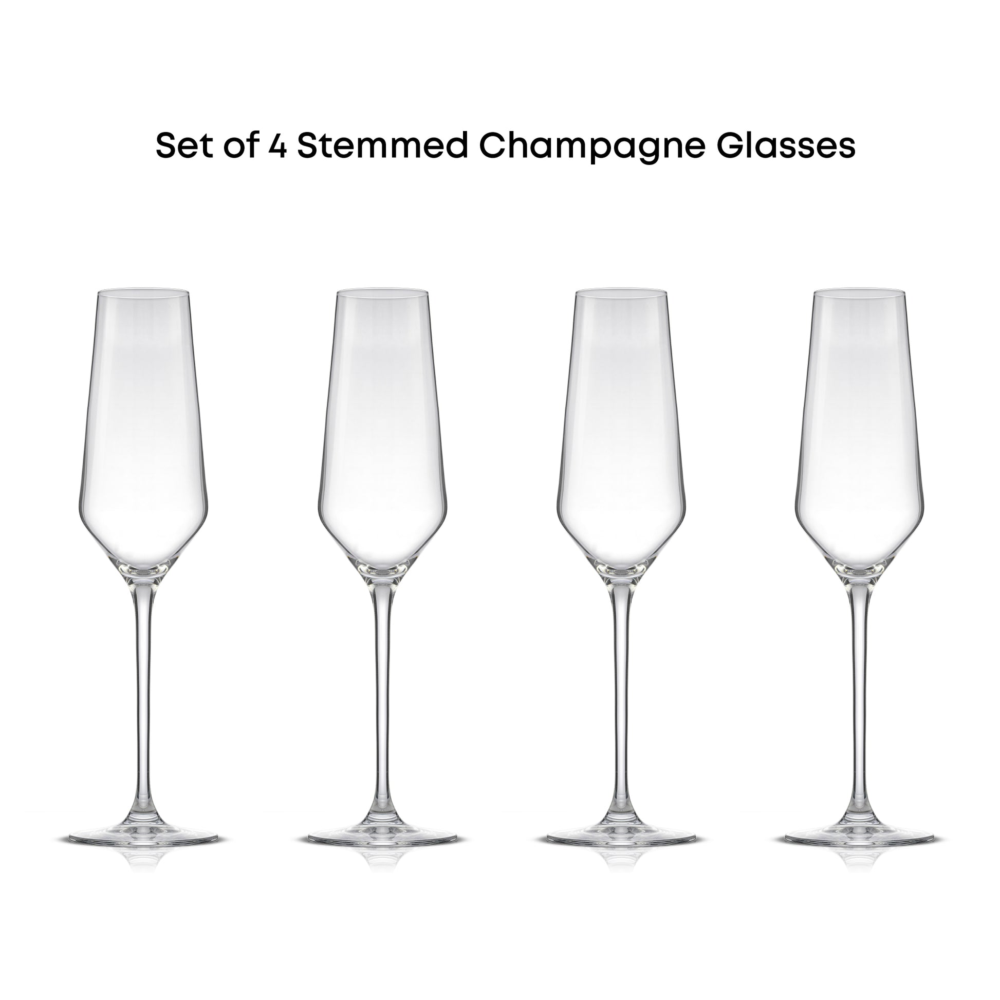 Set of  4 clear champagne glasses on a white background
