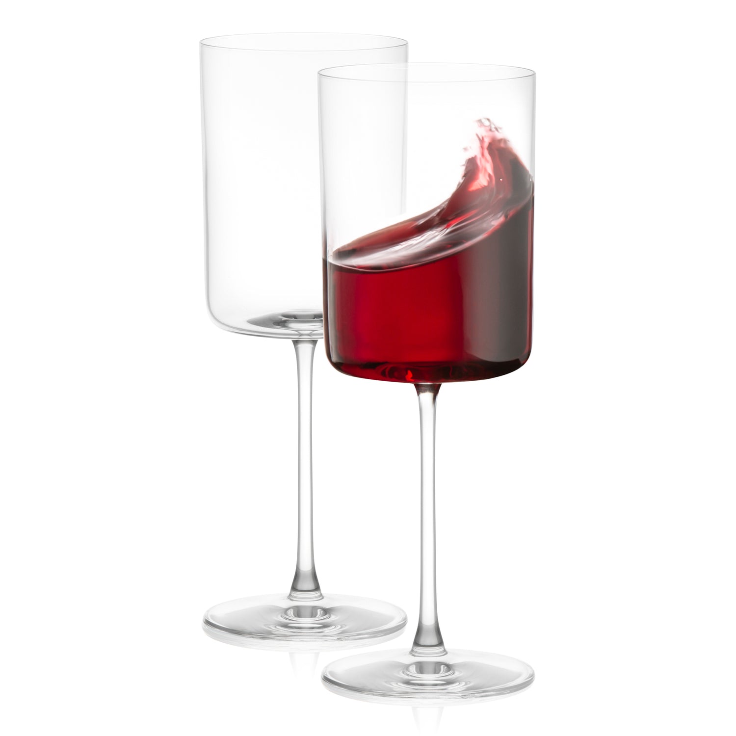 Two wine glasses with red wine on a white background