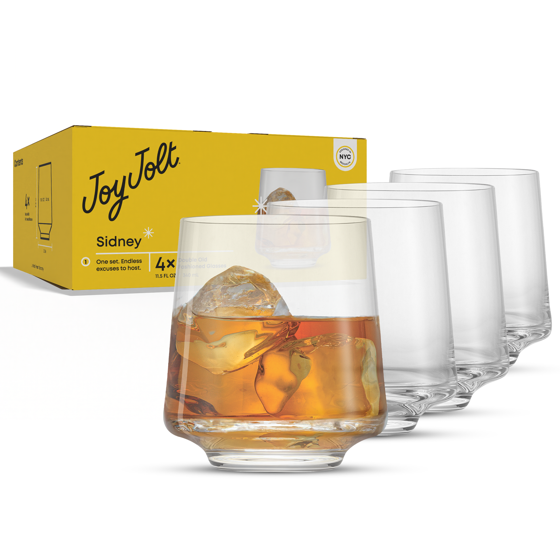 Set of whiskey glasses with a yellow packaging JoyJolt box in the background