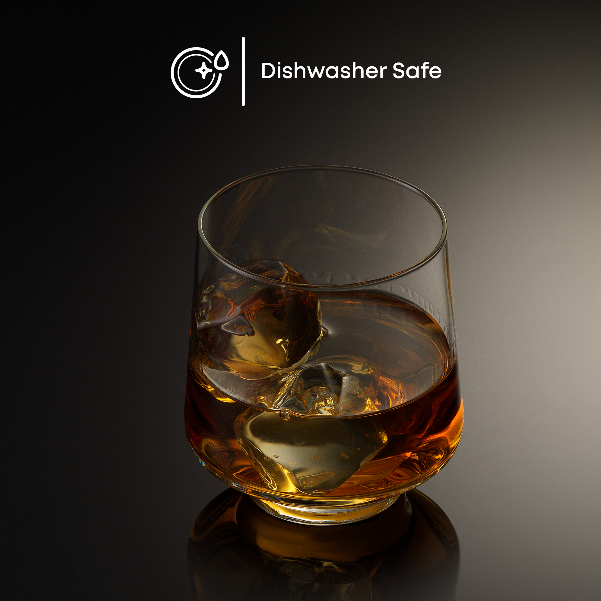 Glass of whiskey with ice cubes on a dark background, featuring 'Dishwasher Safe' label.