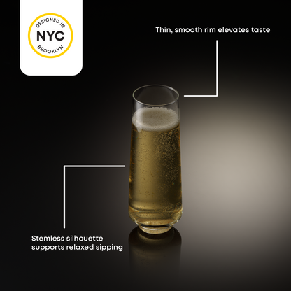 A champagne glass with text highlighting design features on a black background, featuring 'Designed in NYC Brooklyn' logo.