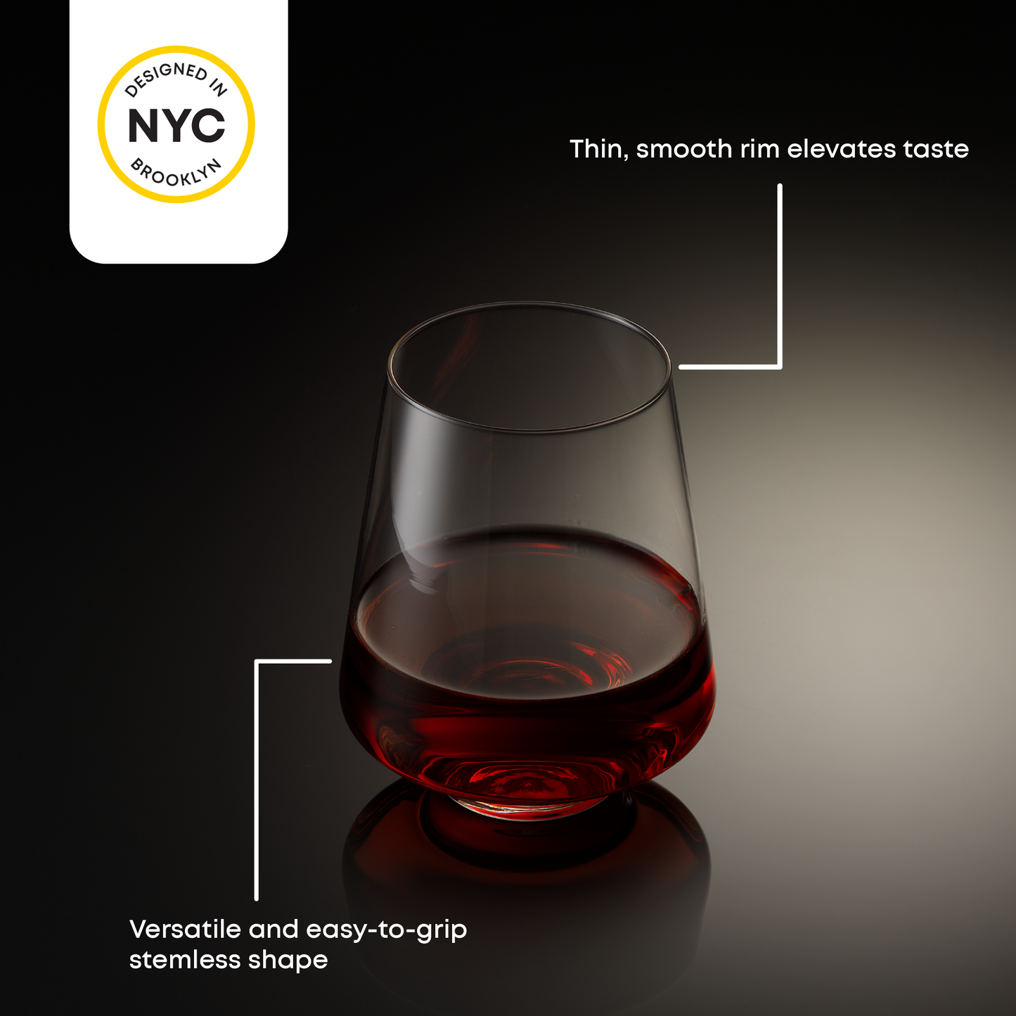 Stemless wine glass with red liquid on a dark background, featuring text about its design and features.