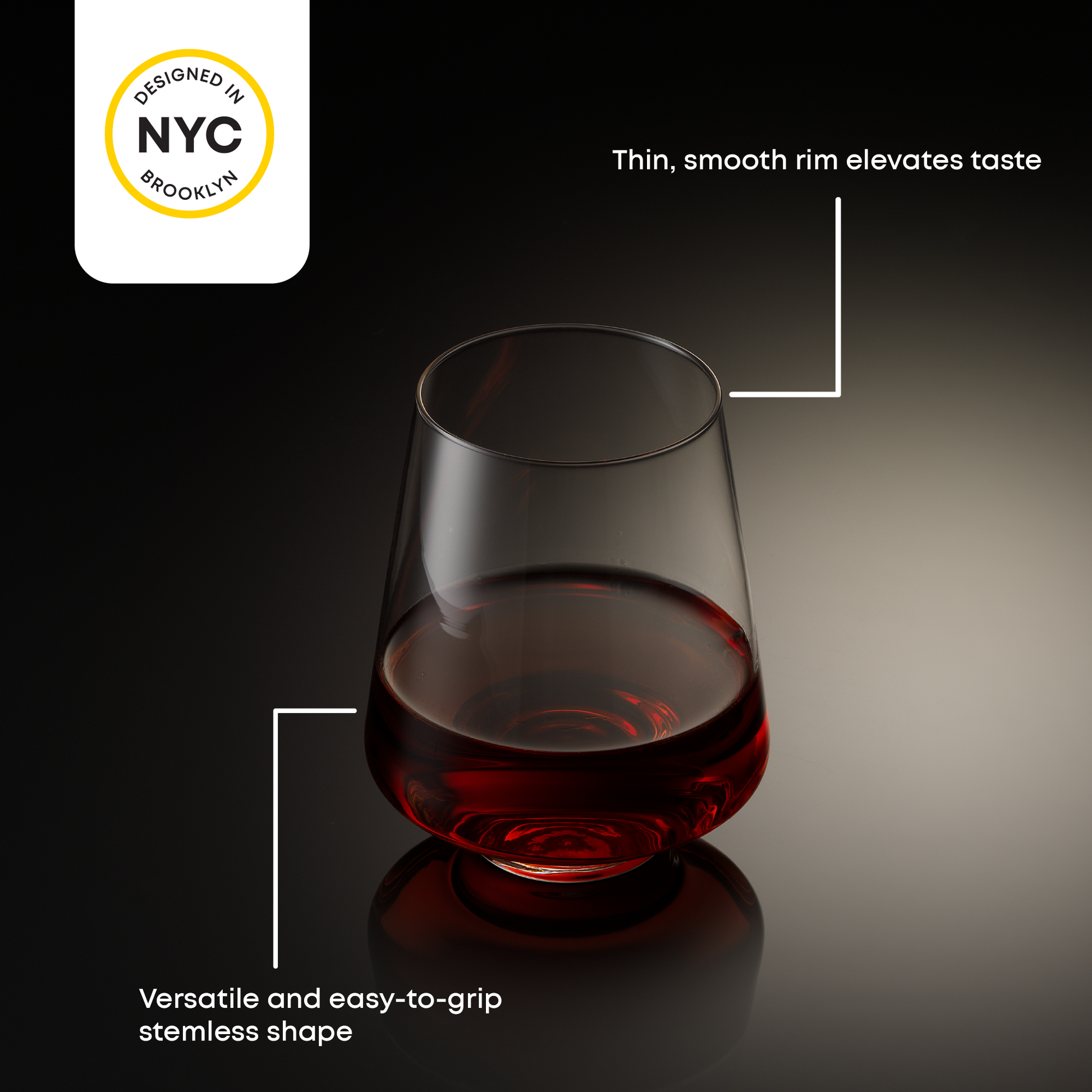 Stemless wine glass with red liquid on a dark background, featuring text about its design and features.